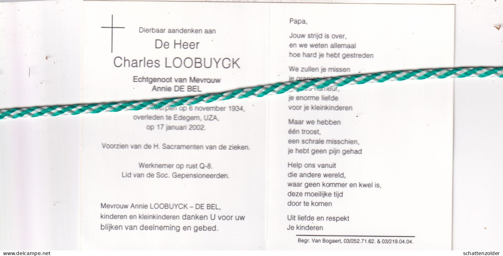 Charles Loobuyck-De Bel, Antwerpen 1934, Edegem 2002. Foto - Décès