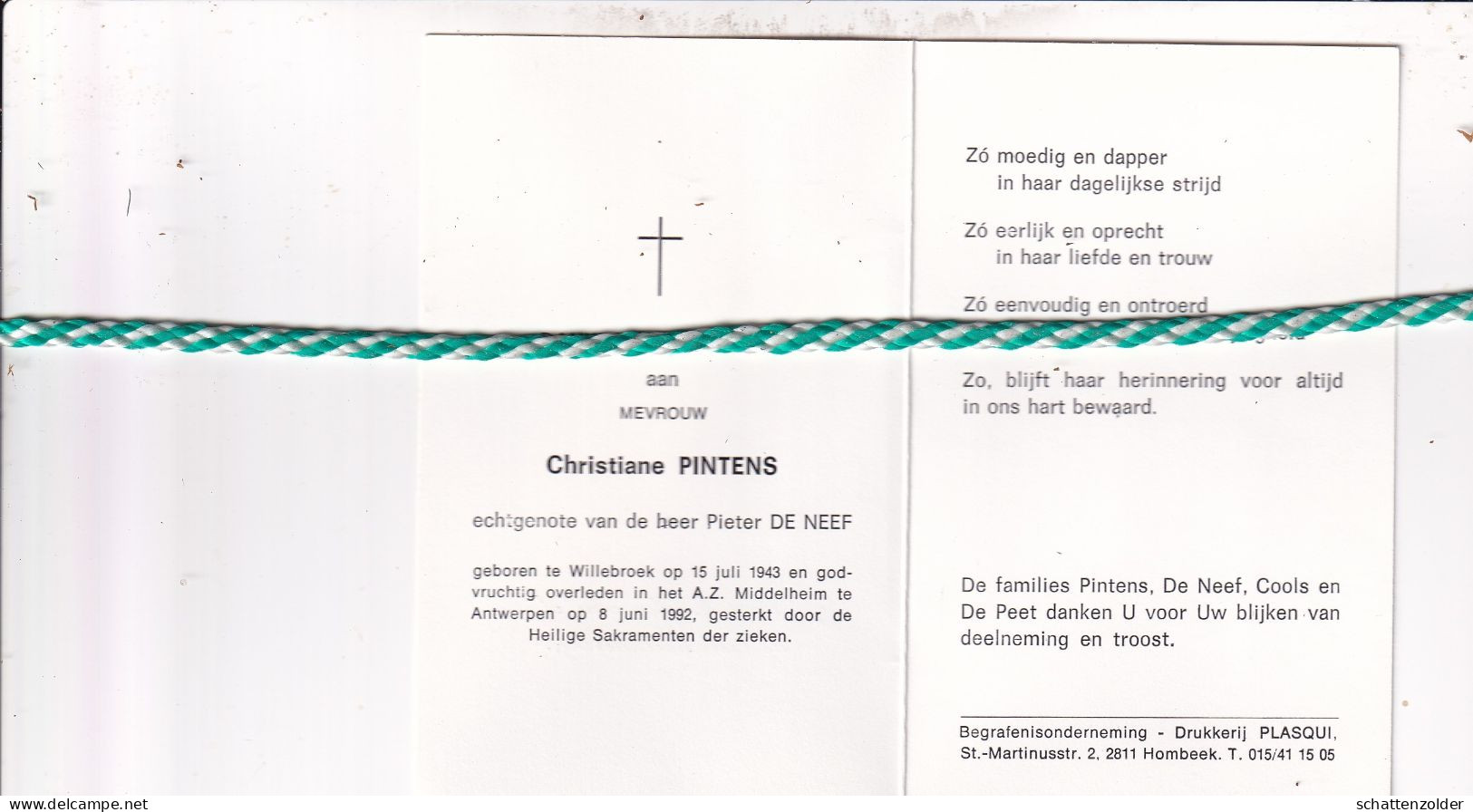 Christiane Pintens-De Neef, Willebroek 1943, Antwerpen 1992 - Décès
