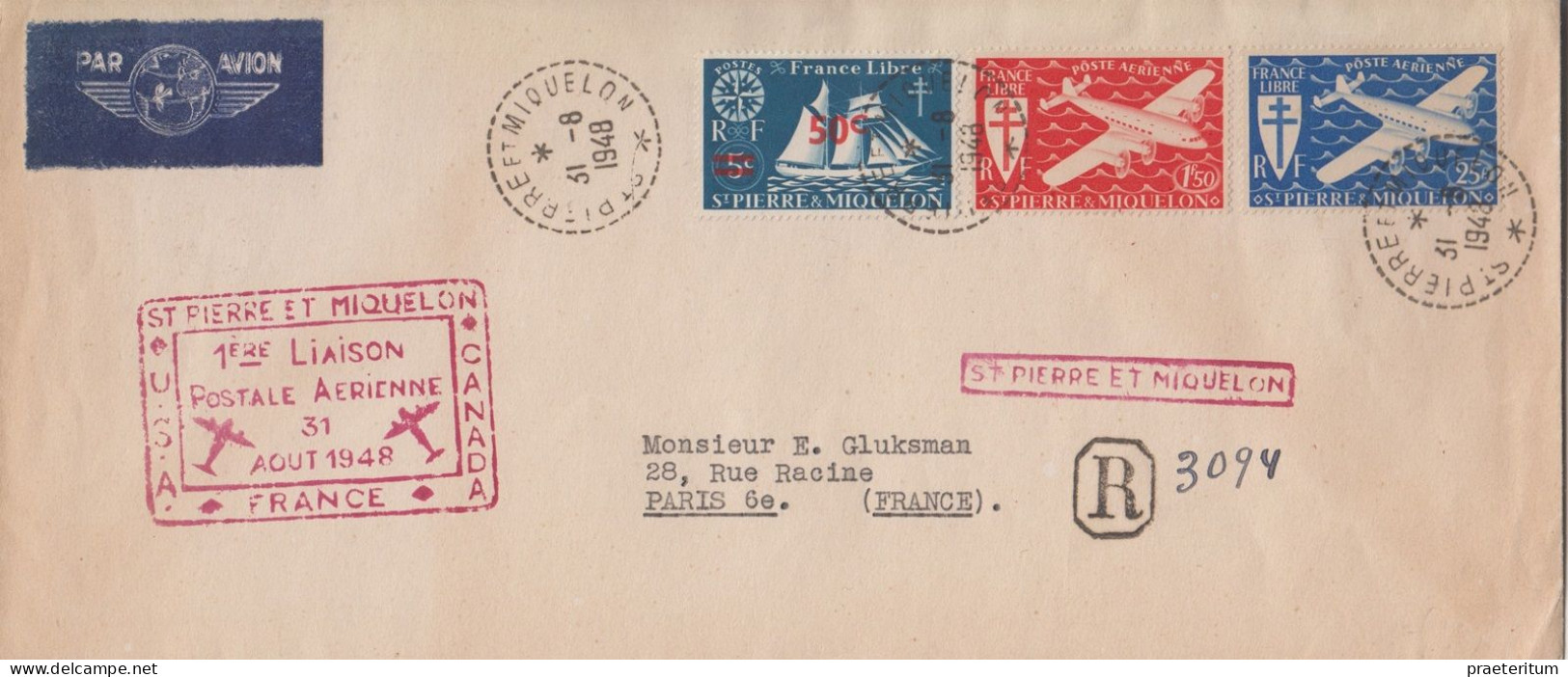 Saint-Pierre-et-Miquelon - Lettre Recommandée - 31 Aout 1948 - Première Liaison Vers Paris - Brieven En Documenten