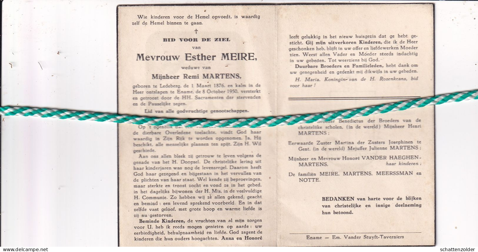 Esther Meire-Martens, Ledeberg 1876, Ename 1950 - Todesanzeige