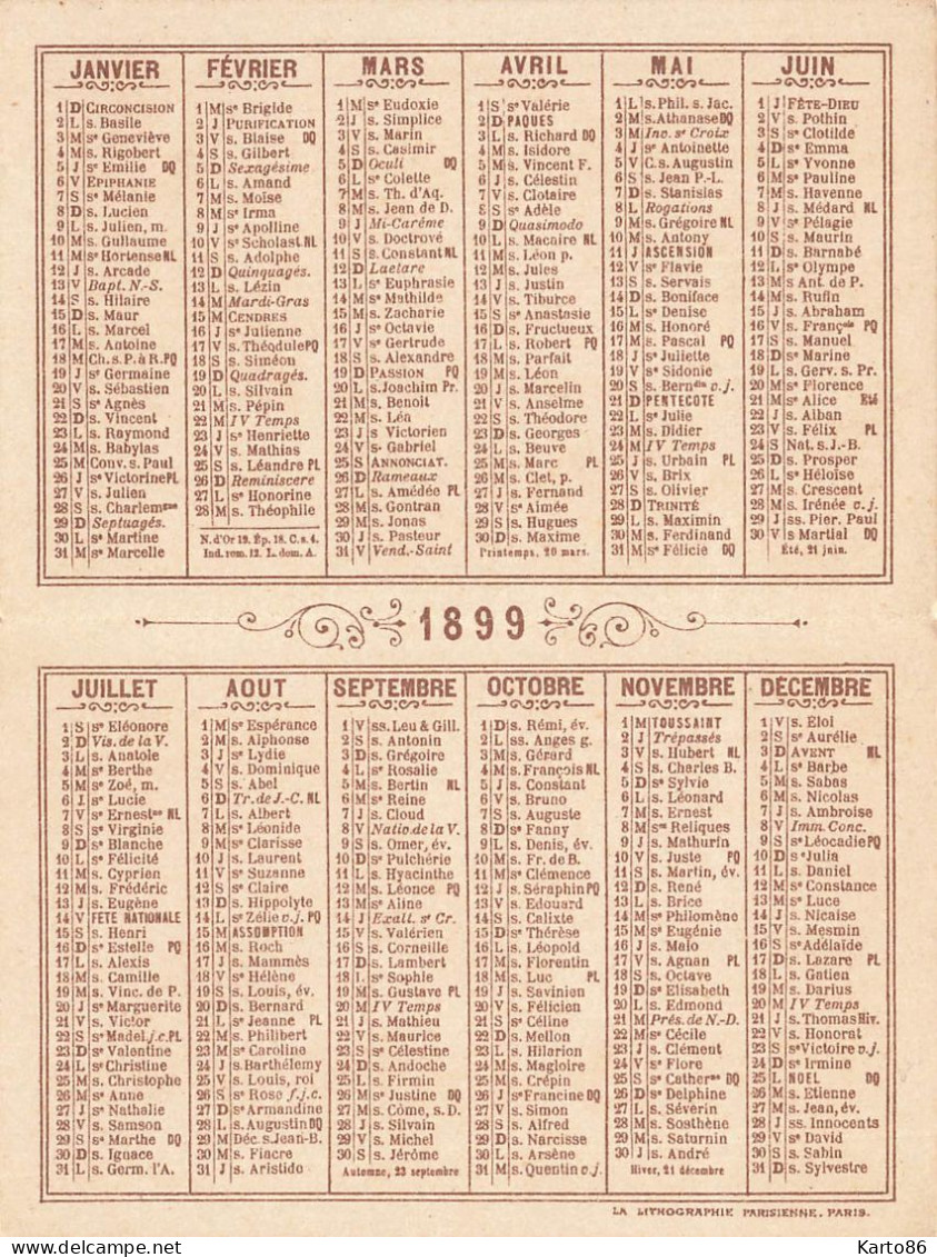 Petit Calendrier 1899 Publicitaire Illustré Biscuiterie Nantaise PELLETRAU COSSE Biscuit Petit Breton Nantes * Calendar - Kleinformat : ...-1900