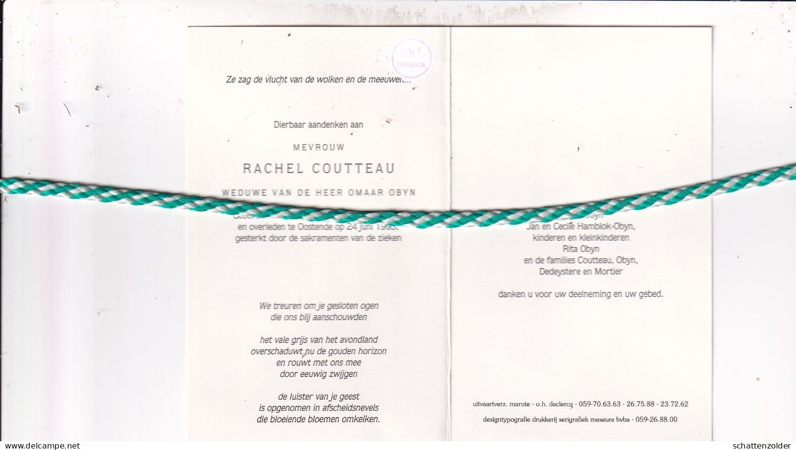 Rachel Coutteau-Obyn, Ramskapelle 1908, Oostende 1993 - Todesanzeige