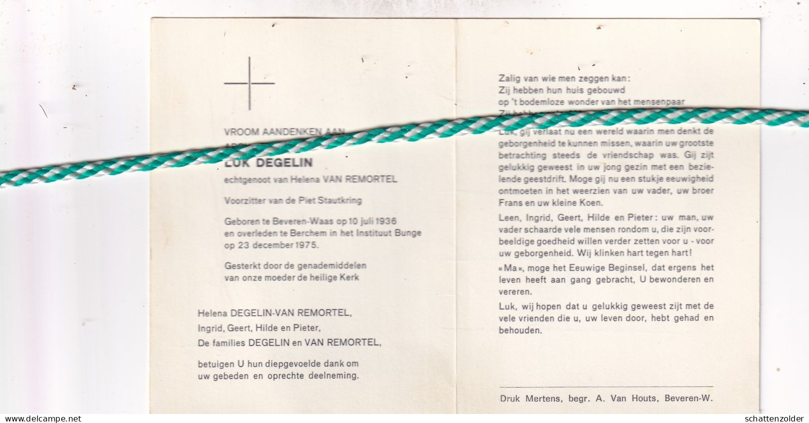 Luk Degelin-Van Remortel, Beveren-Waas 1936, Berchem 1975. Voorzitter Piet Stautkring. Foto - Décès