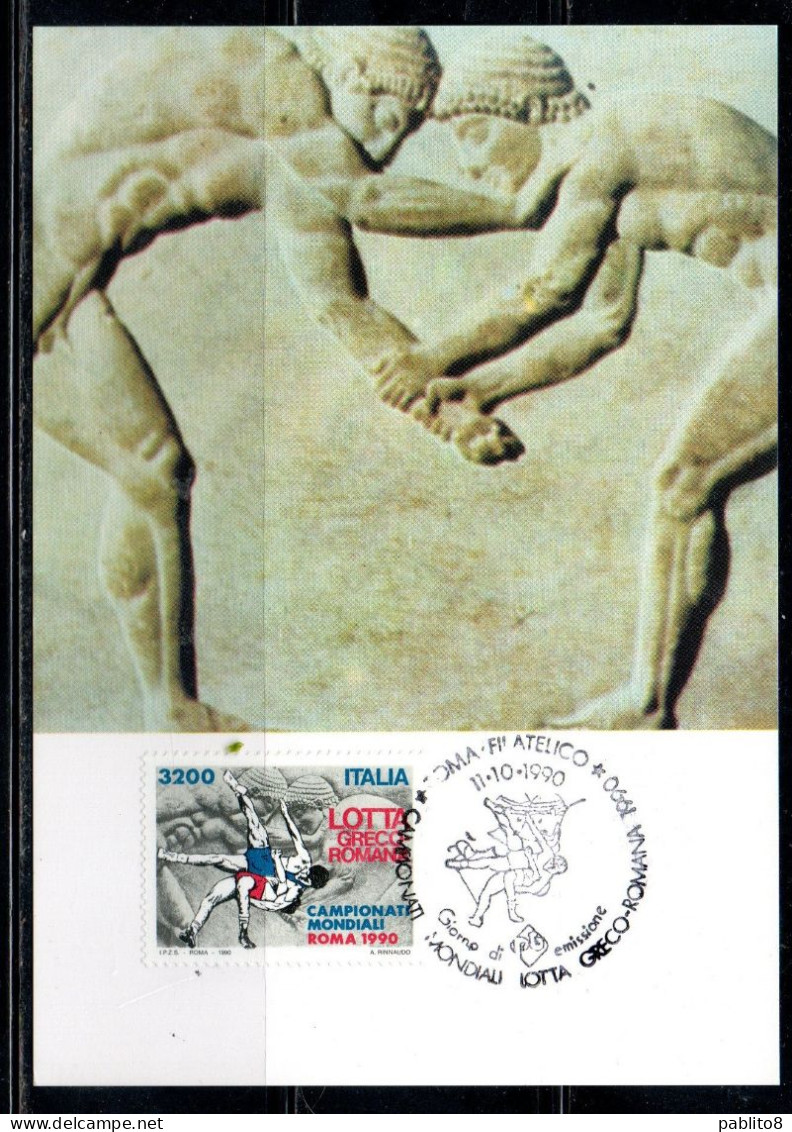 ITALIA REPUBBLICA ITALY REPUBLIC 1990 CAMPIONATI MONDIALI DI LOTTA GRECO-ROMANA LIRE 3200 CARTOLINA MAXI MAXIMUM CARD - Maximum Cards