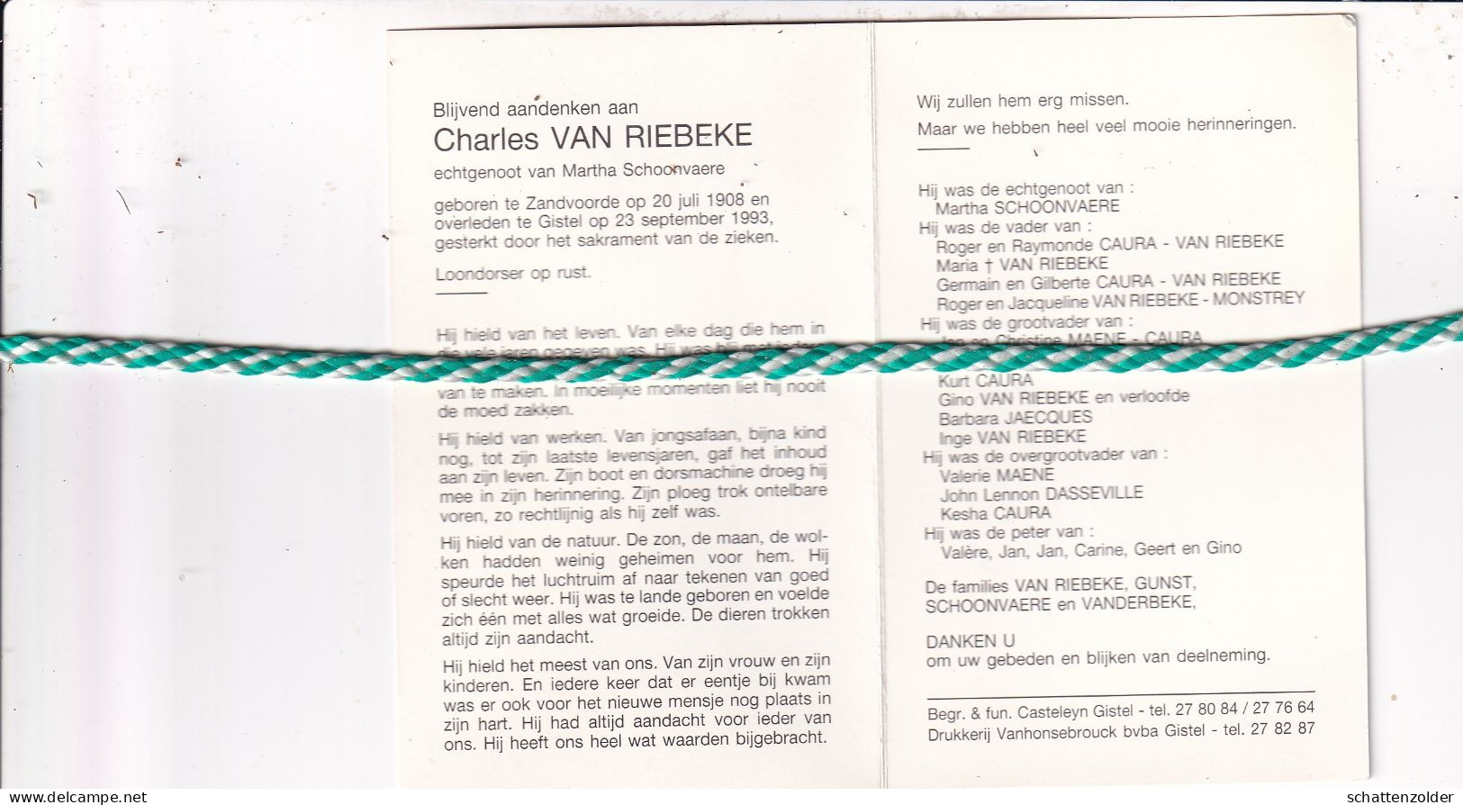 Charles Van Riebeke-Schoonvaere, Zandvoorde 1908, Gistel 1993. Foto - Décès