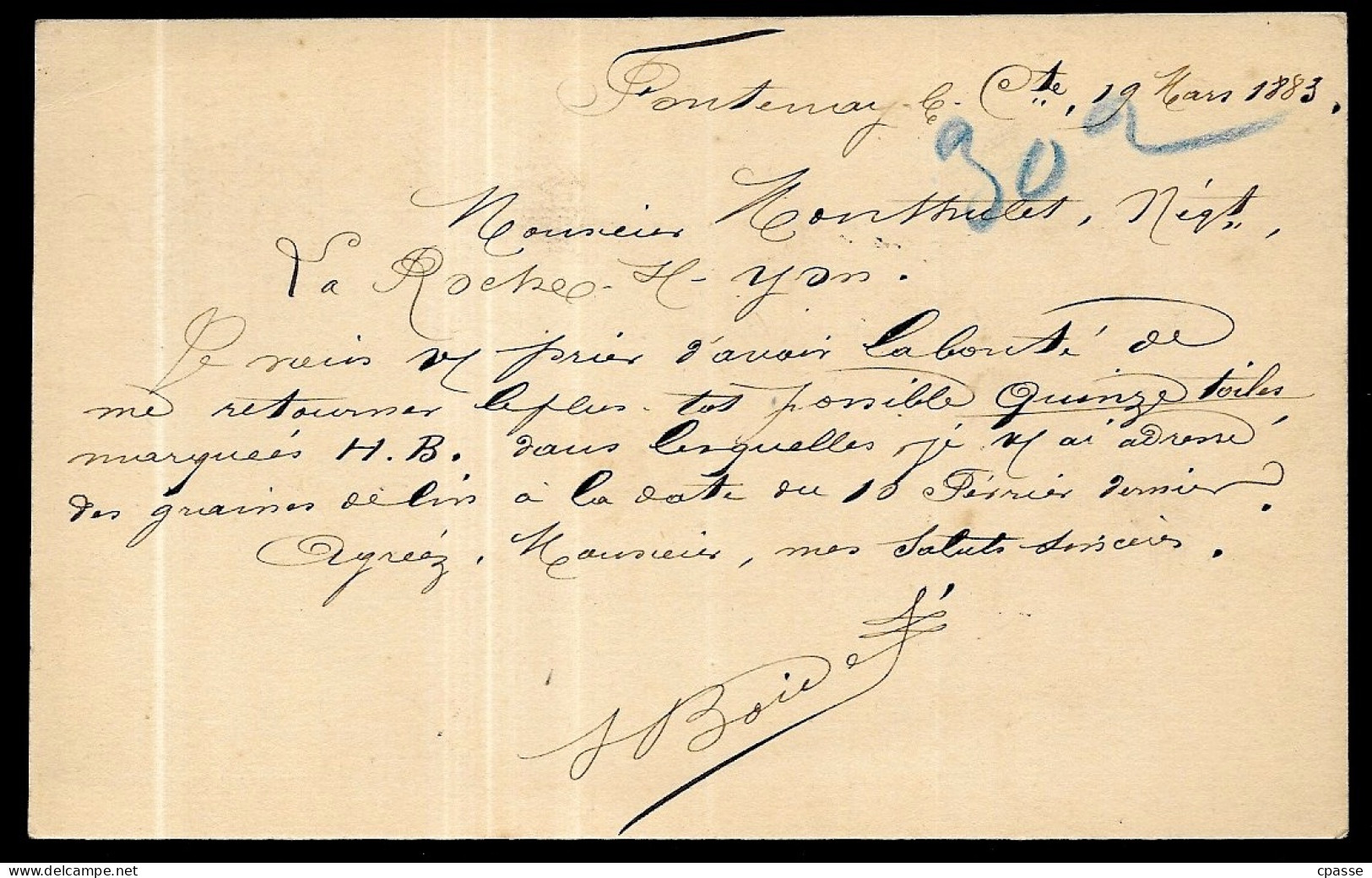 1883 Entier Postal Commercial De 85 FONTENAY-Le-COMTE à M. MONTHULET La Roche-sur-Yon Vendée * Phila Cachets Marcophilie - Handstempels
