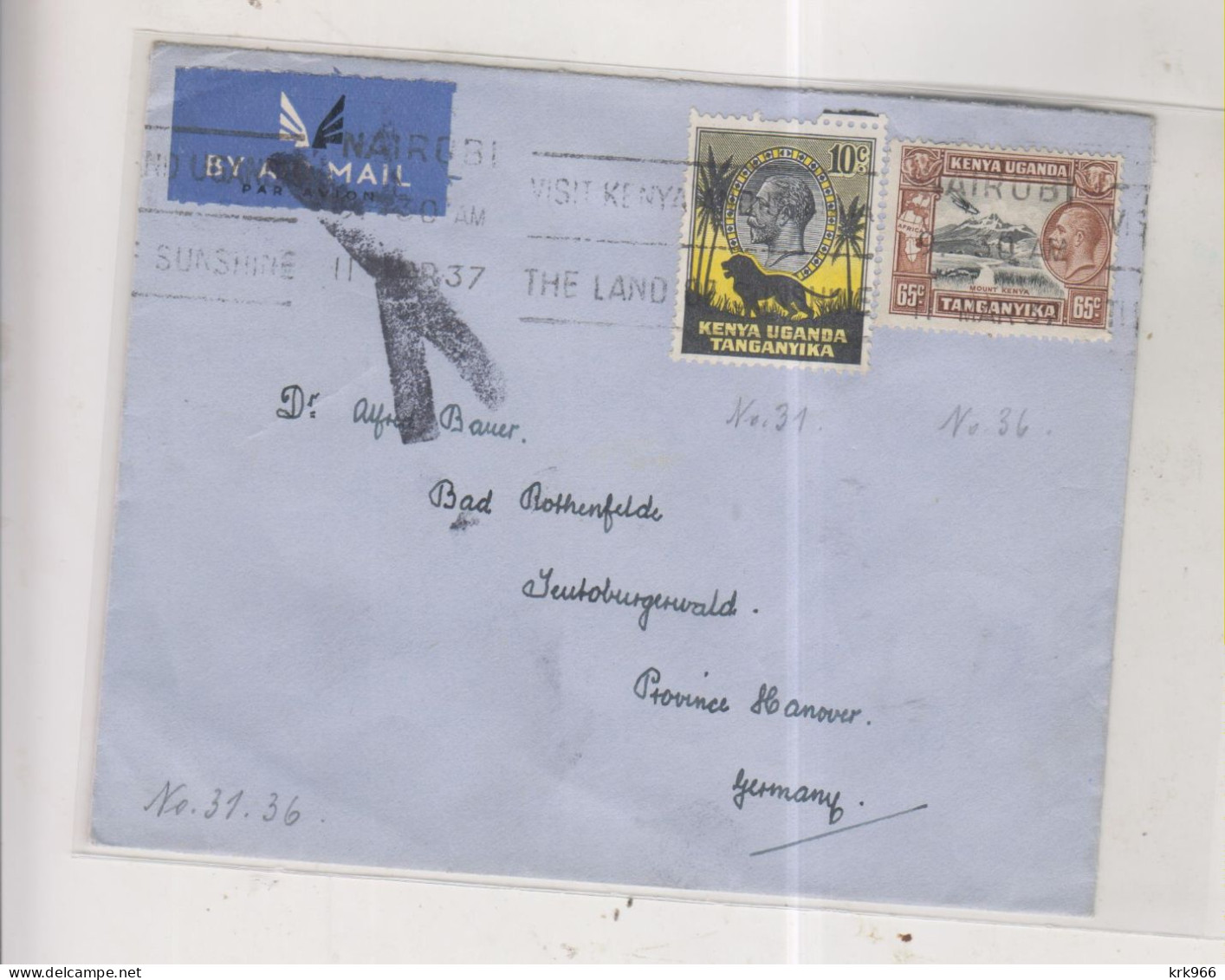 KENYA UGANDA TANGANYKA NAIROBI 1937 Airmail Cover  To Germany - Kenya, Ouganda & Tanganyika