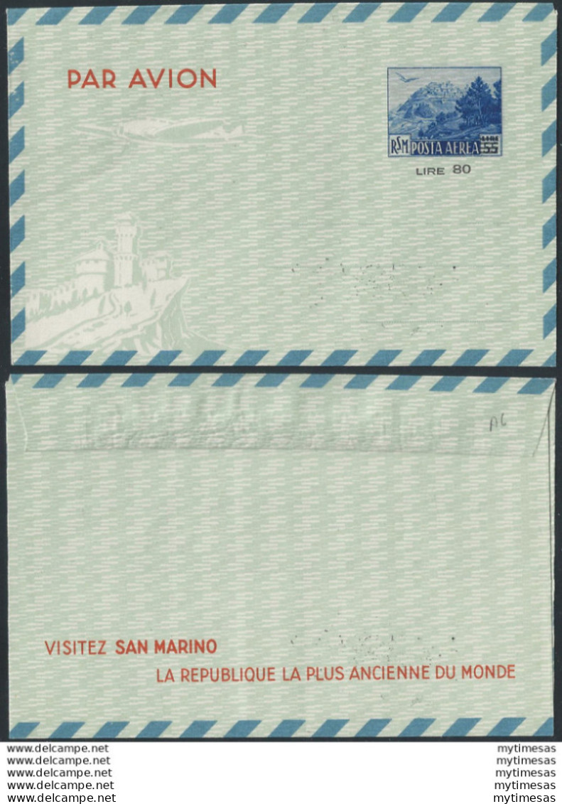 1951 San Marino Aerogramma Monte Titano Sopr. L. 80 Su L. 55 Filagrano A6 - Otros & Sin Clasificación