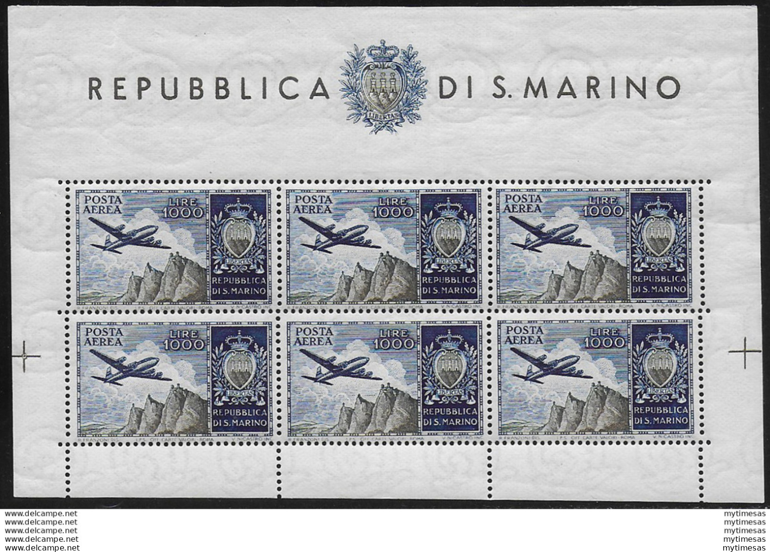 1954 San Marino Lire 1.000 Aereo II MS MNH Sassone N. 16 - Otros & Sin Clasificación