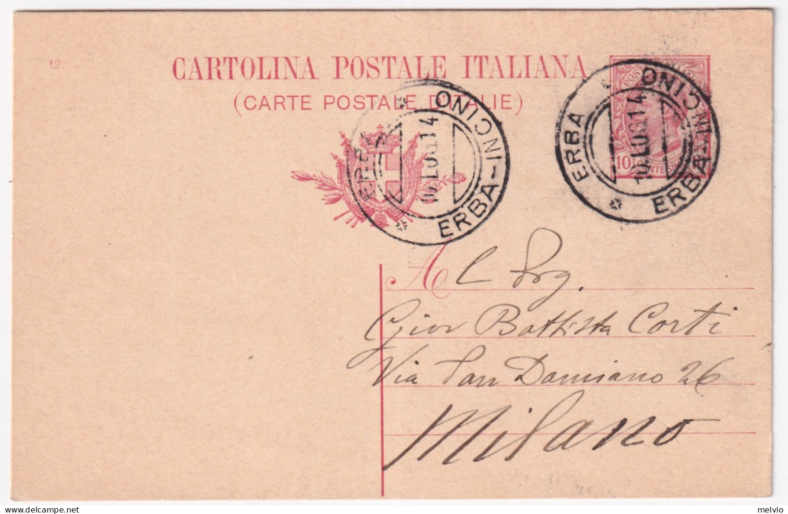 1914-ERBA/ERBA-INCINO C.2 (10.7) Su Cartolina Postale Leoni C.10 Mill. 10 - Entiers Postaux