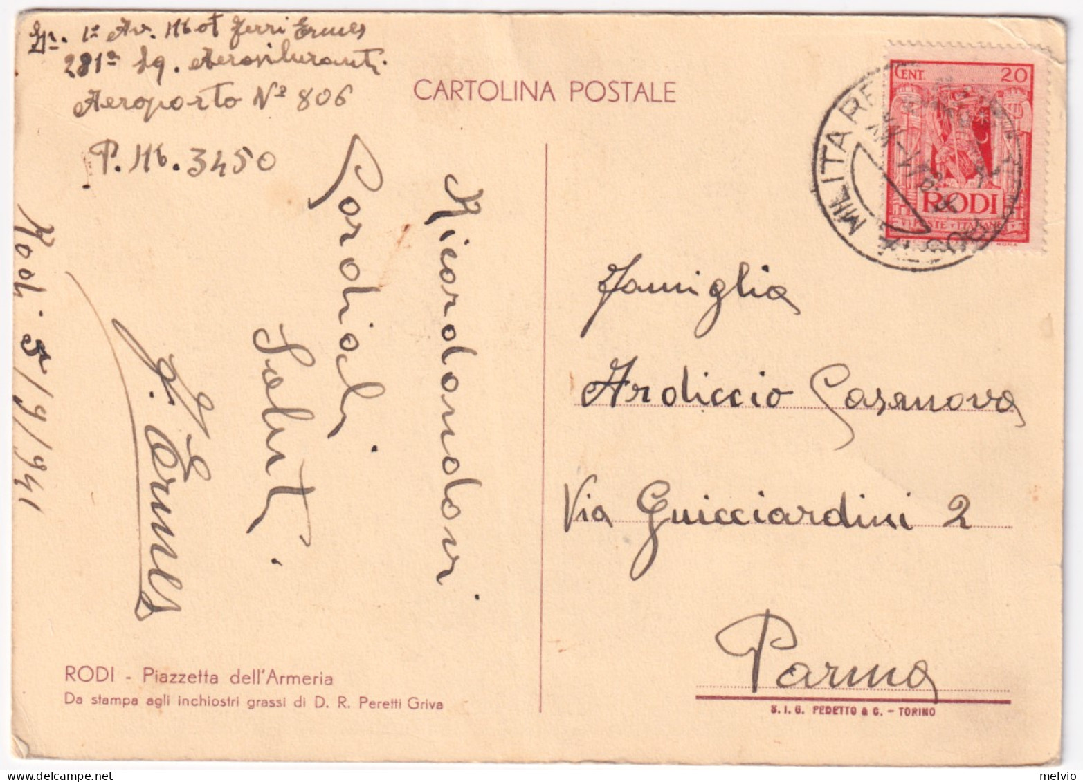 1941-AEROPORTO 806 Manoscritto Su Cartolina (Rodi Piazzetta Armeria Affrancata E - Aegean (Rodi)
