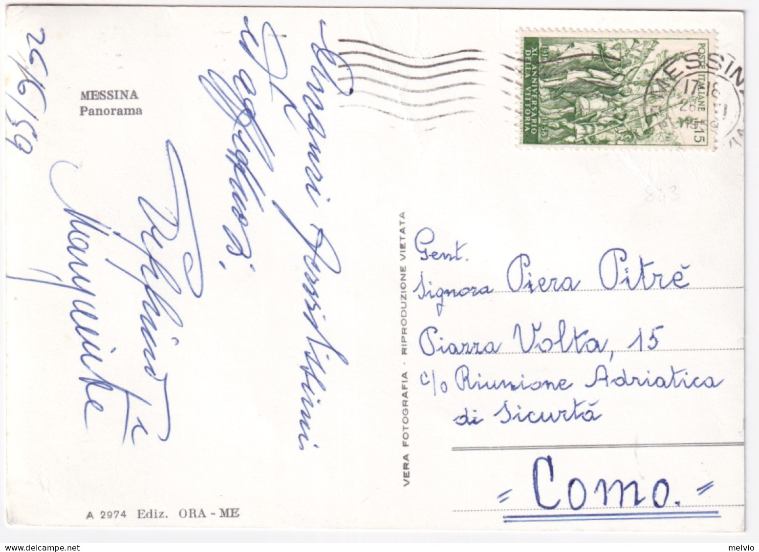 1959-XL ANNIVERSARIO VITTORIA Lire 15 (843) Isolato Su Cartolina (Messina Panora - Messina