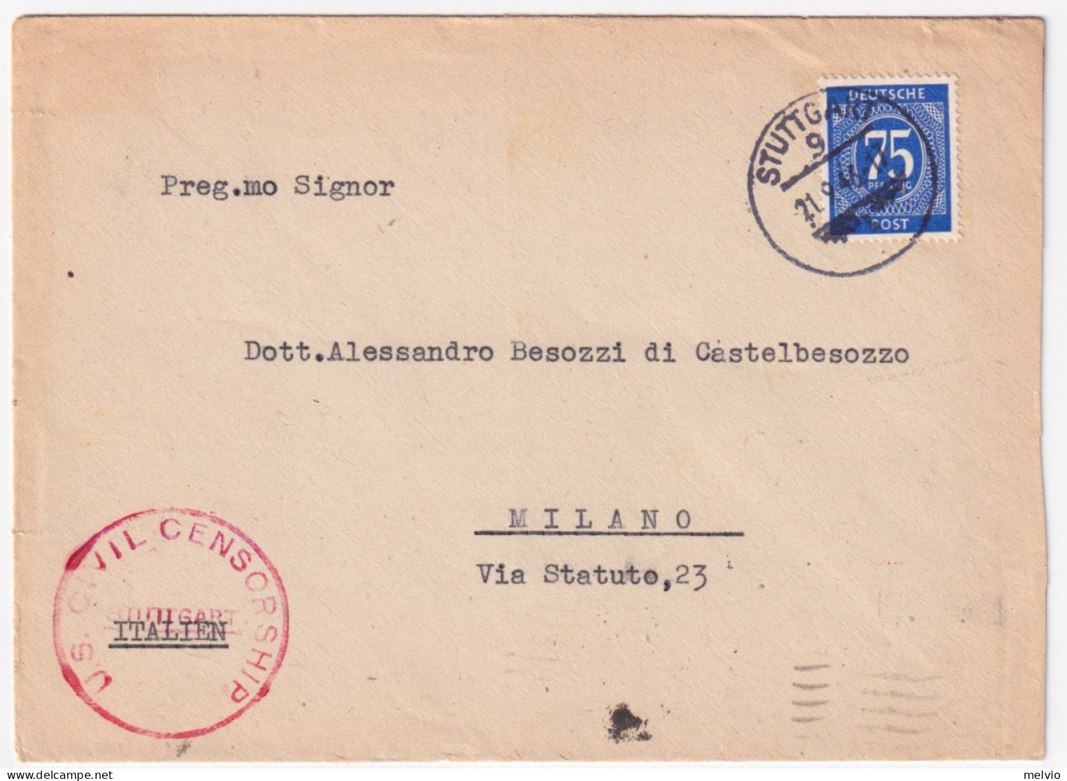 1946-GERMANIA Occ. Interalleata Emissione Comune P.75 Su Busta Stuttgart (21.9)  - Other & Unclassified