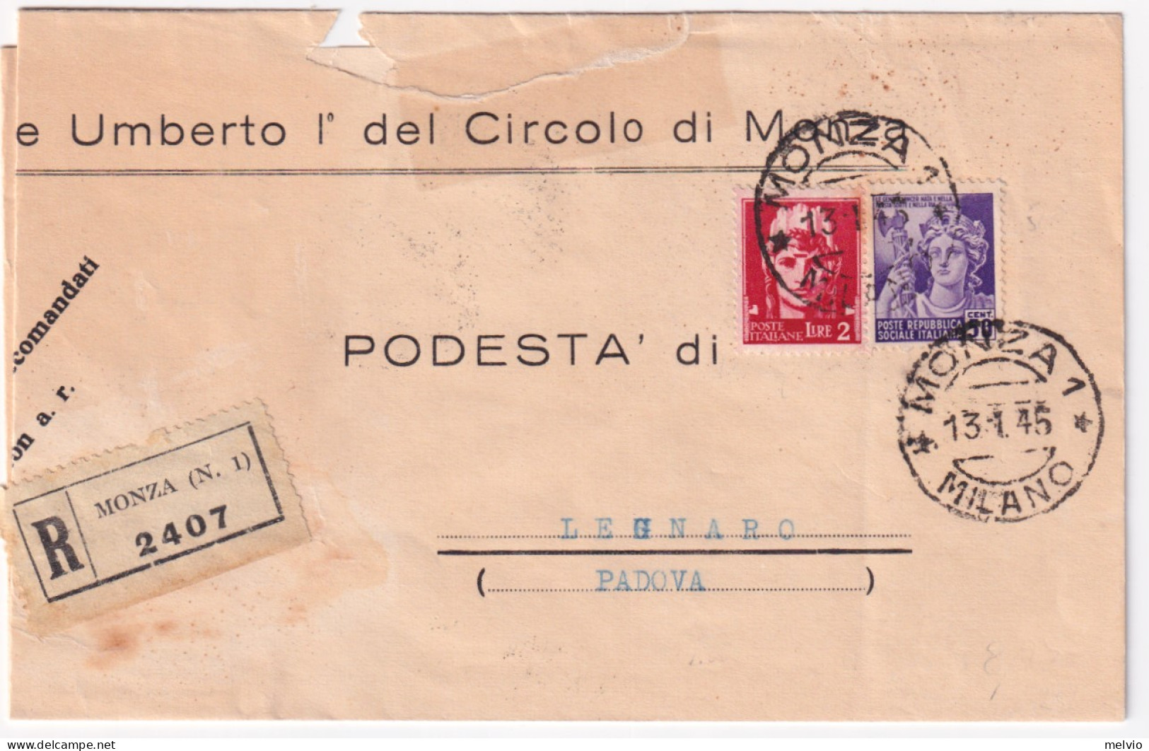 1945-Imperiale Lire 2 + Monumenti C.50 (255+507) Su Piego Raccomandato Monza (13 - Marcofilía