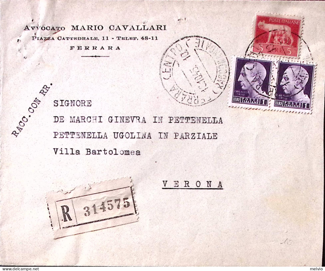 1945-Imperiale Senza Fasci Coppia Lire 1 E 5 (531+534) Su Raccomandata Ferrara ( - Marcophilia