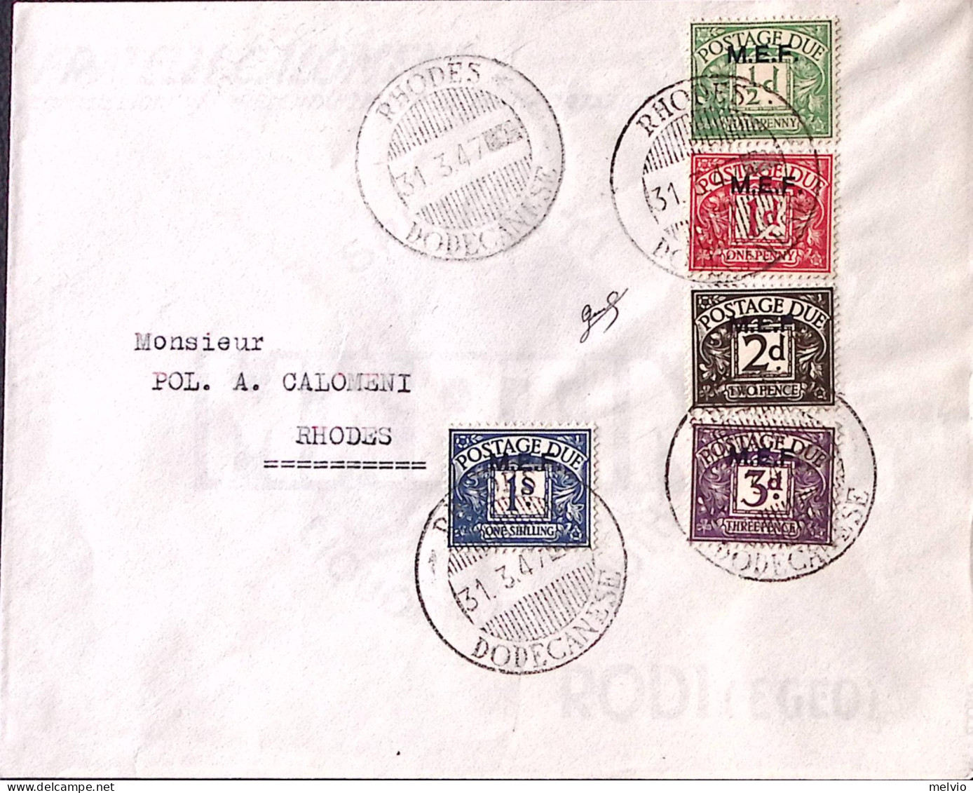 1947-M.E.F. Segnatasse Serie Cpl. (1/5) Su Busta Annull. Rhodes (31.3.47 Ultimo  - Britische Bes. MeF