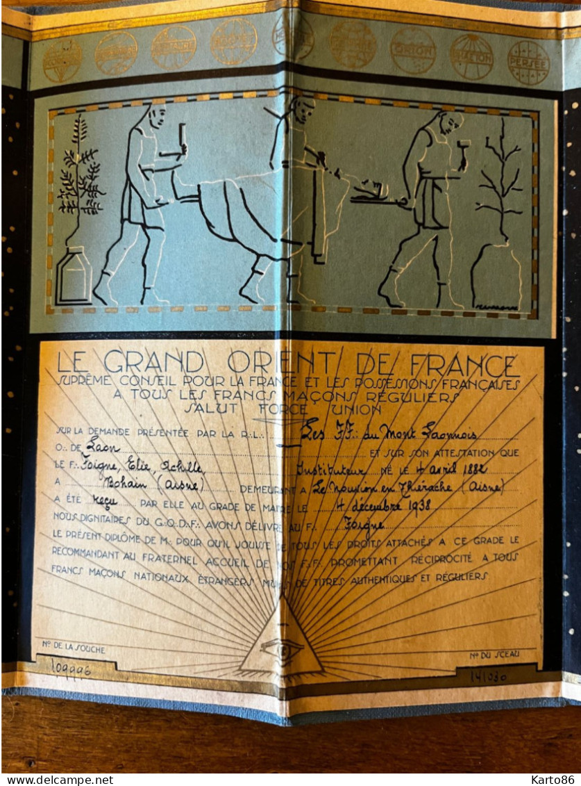 Franc Maçonnerie * Diplome Maçonnique Illustré 1938 ! Grand Orient De France Les F.F. Du Mont Laonnois Bohain Aisne - Filosofie