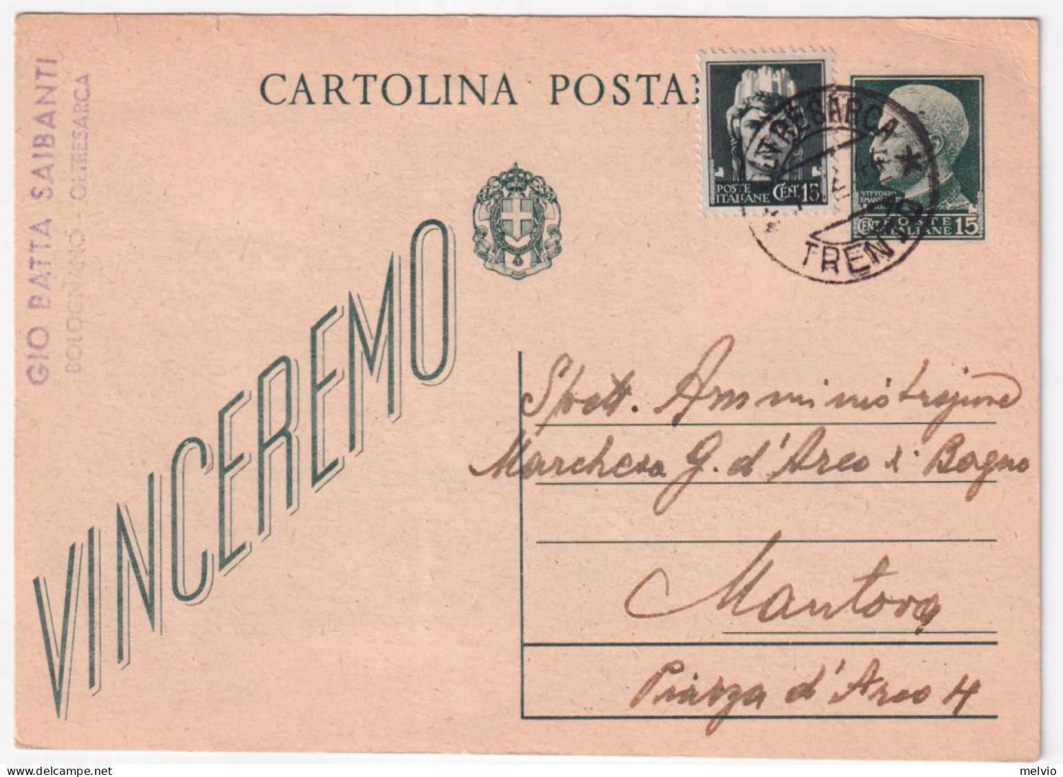 1944-Imperiale C.15 (246) Su Cartolina Postale Vinceremo C.15 (C97) Oltresarca ( - Poststempel
