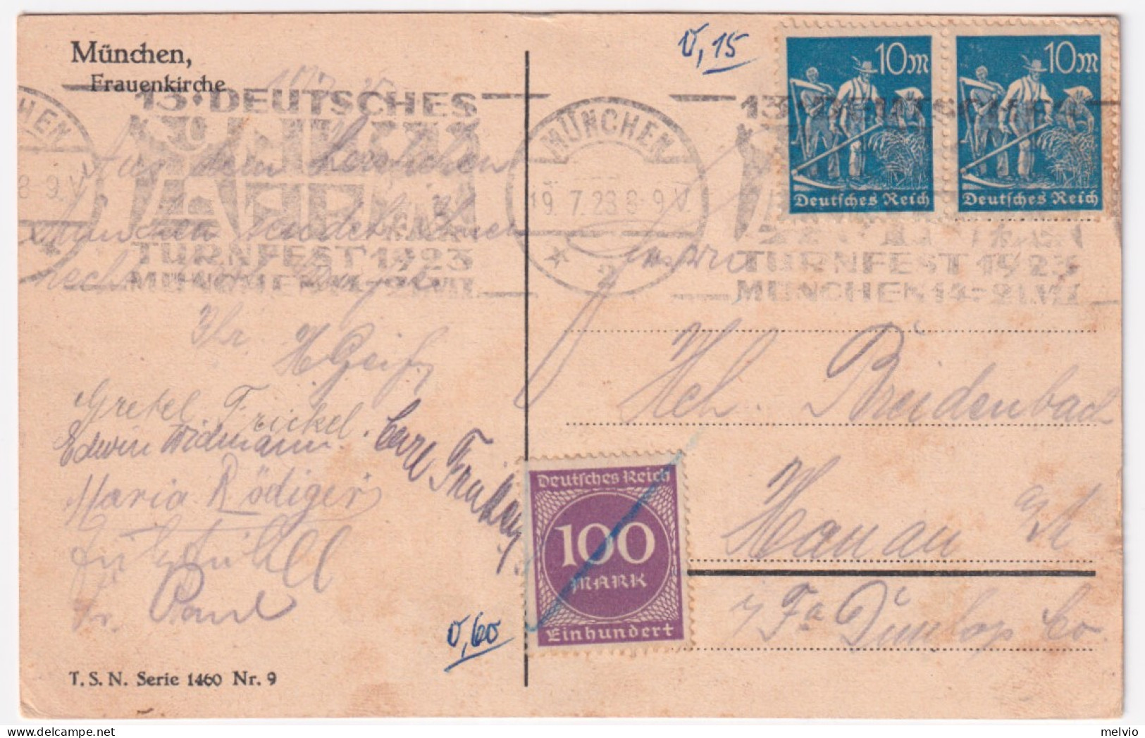 1923-Germania Cartolina (Monaco) Affrancata M.100 E Coppia M. 10 - Covers & Documents
