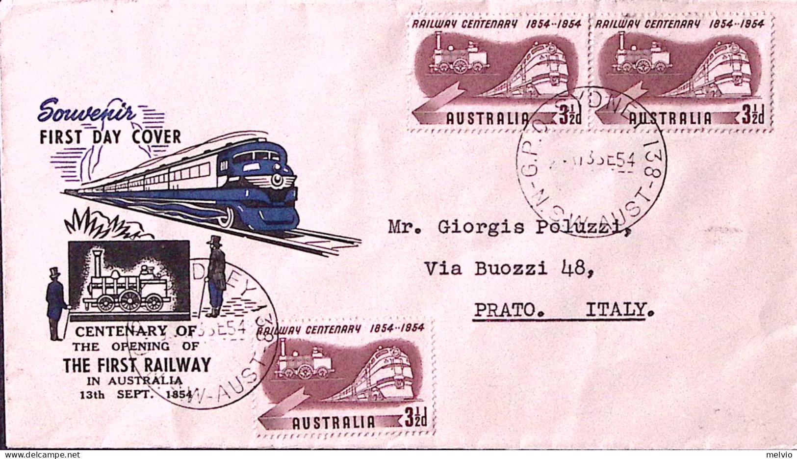 1954-Australia Tre Valori 3,5d. Centenario Ferrovie (213) Su Busta Per L'Italia - Autres & Non Classés