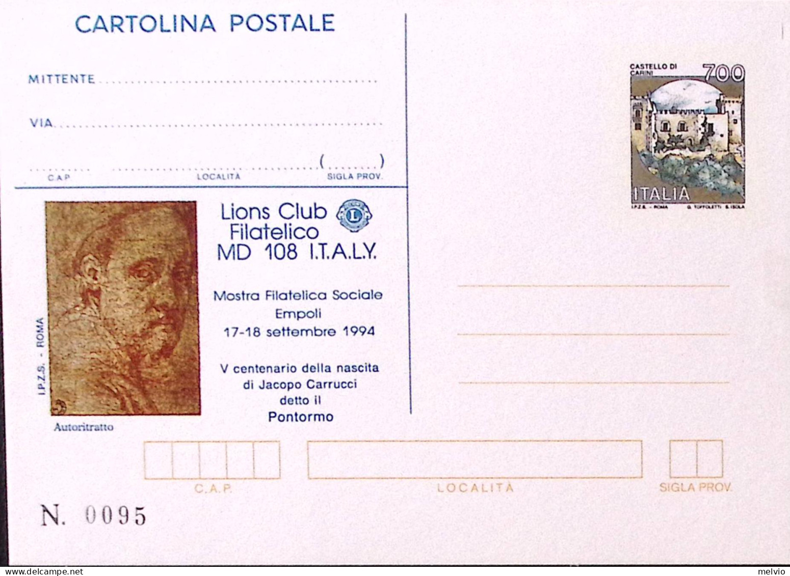 1994-LIONS CLUB PONTORNO EMPOLI Su Cartolina Postale Lire 700 Stampa IPZS (Z41)  - Entiers Postaux