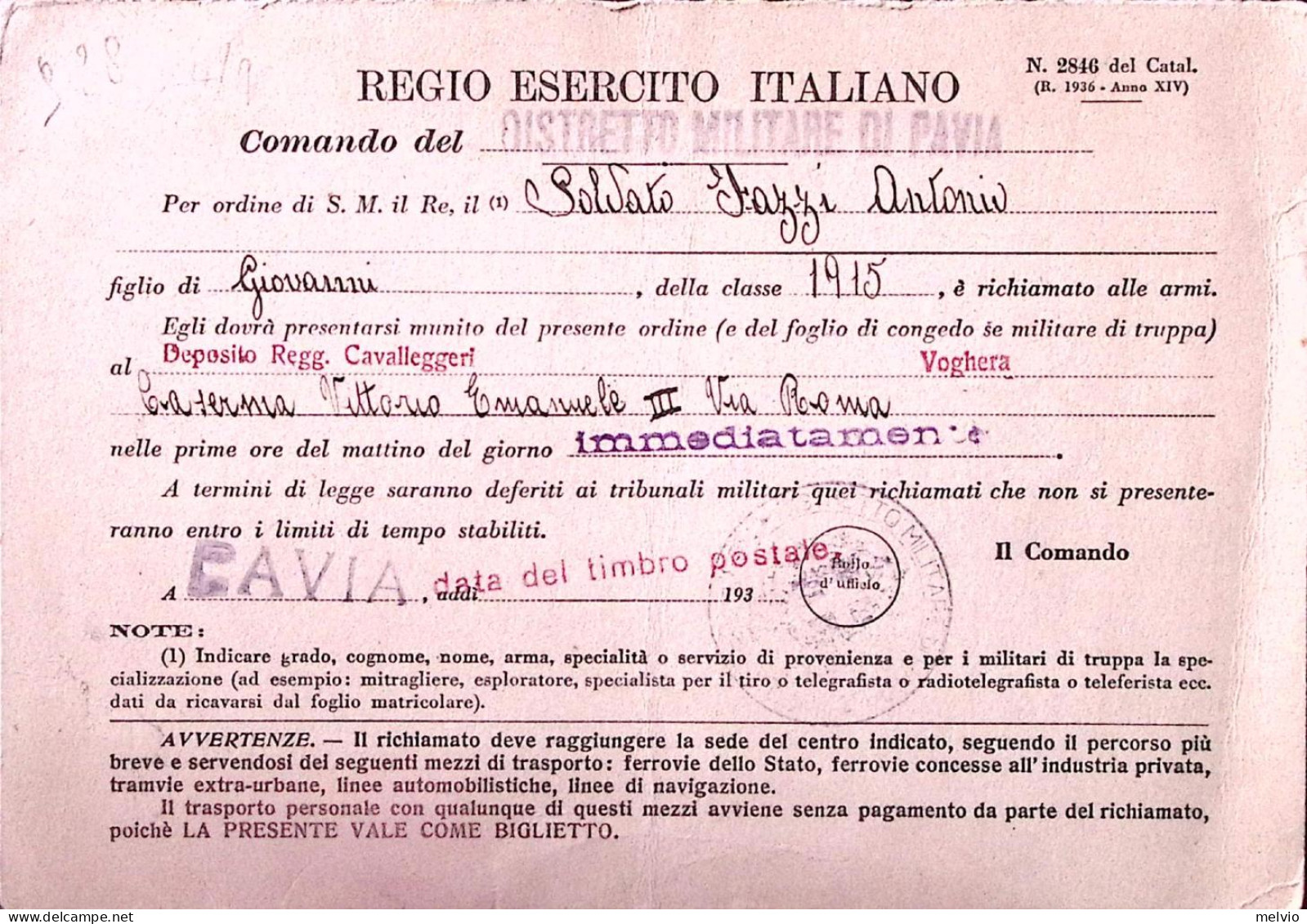 1939-RICHIAMO ALLE ARMI Cartolina Precetto Inviata Da Distretto Militare Pavia - Heimat