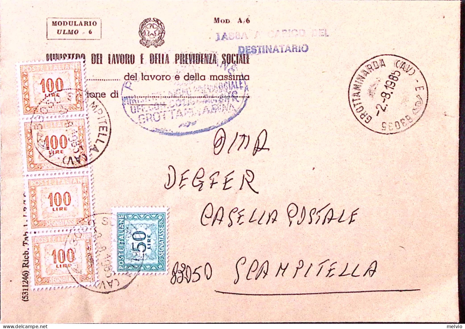 1985-Segnatasse Lire 50 + Quatttro Lire 100 Su Busta Grottaminarda (2.8) Tassa C - 1981-90: Marcophilia