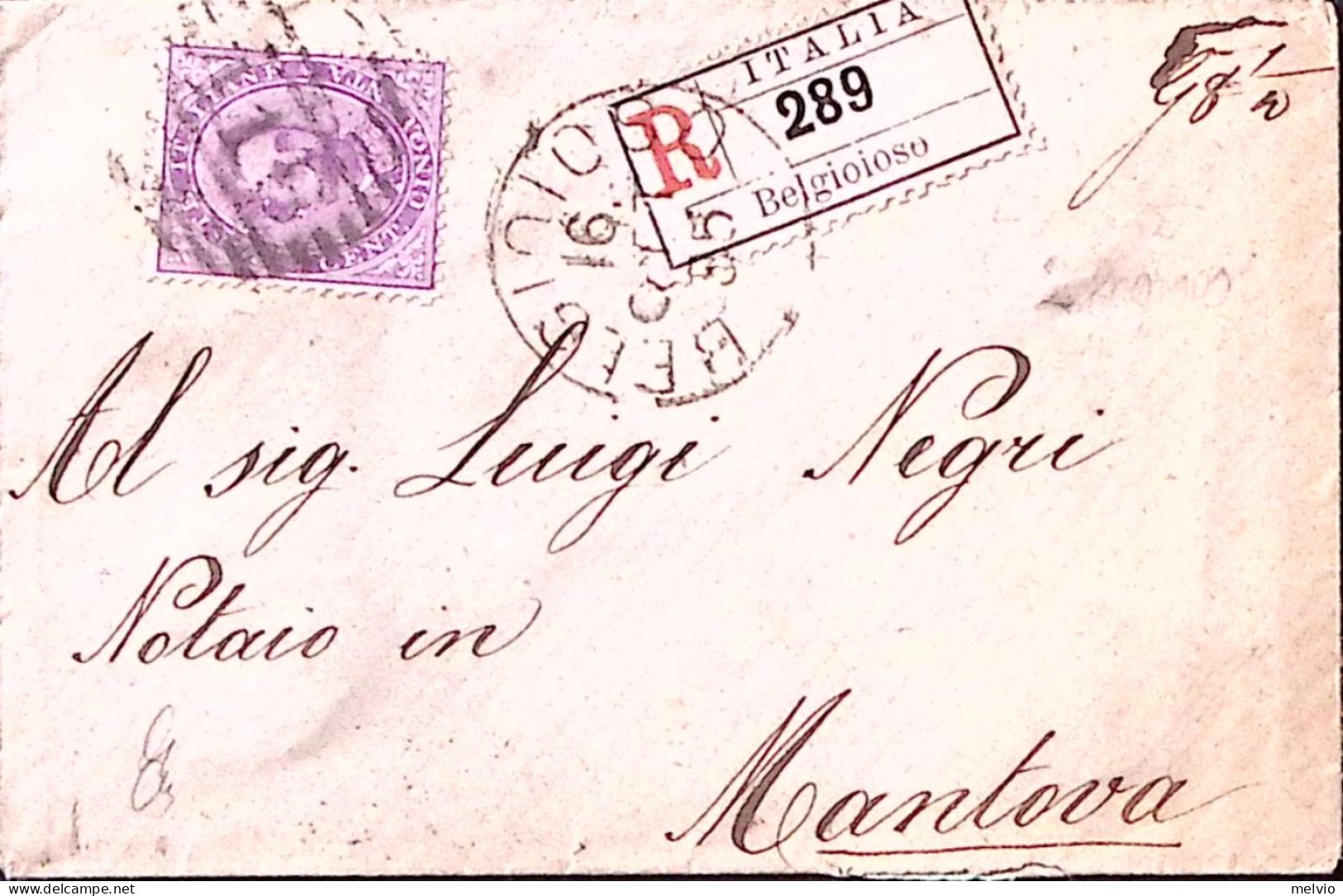 1885-effigie C. 50 (42) Isolato Su Raccomandata Belgioioso (16.9) - Poststempel