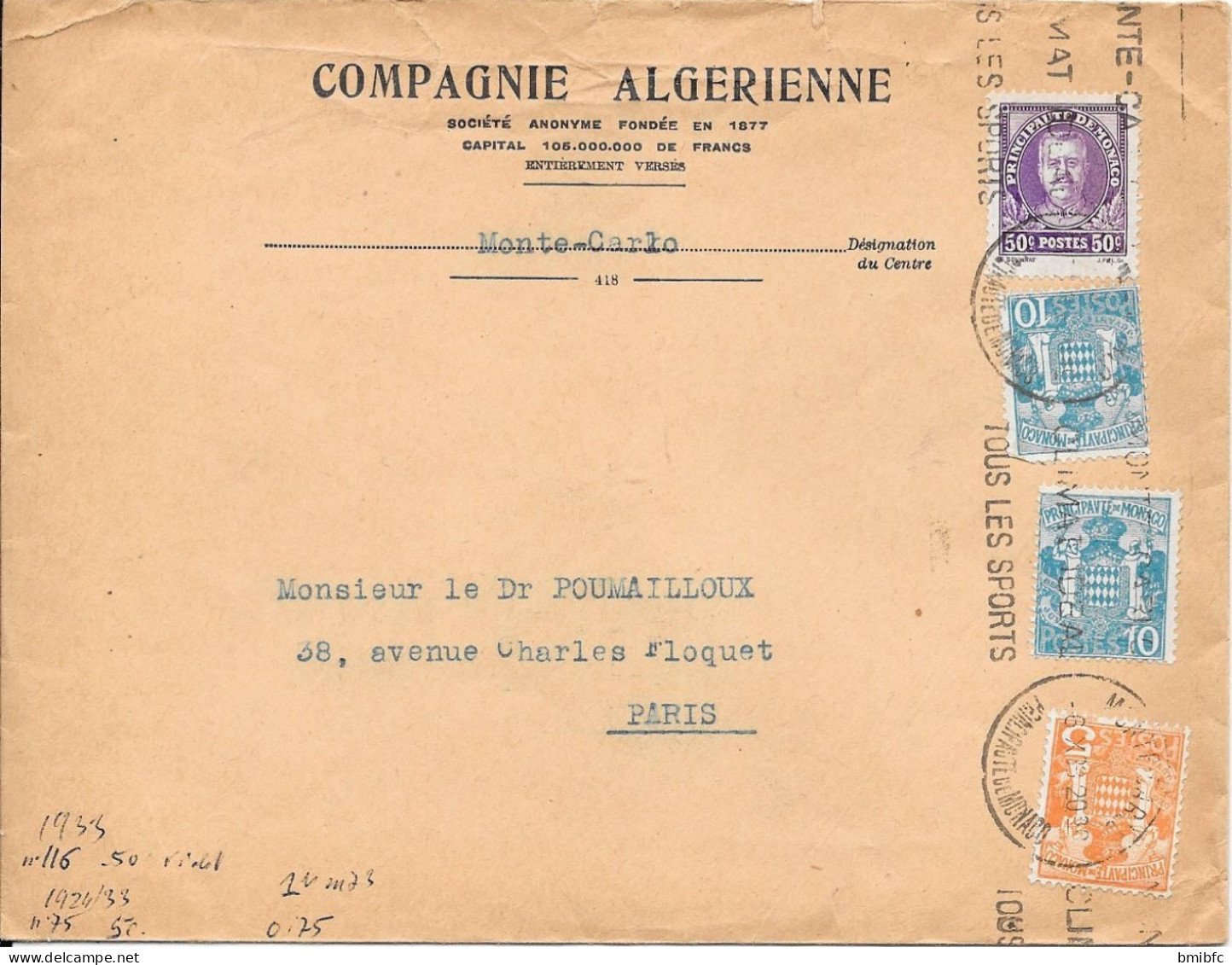 Principauté De Monaco Sur Lettre 1933 - Covers & Documents