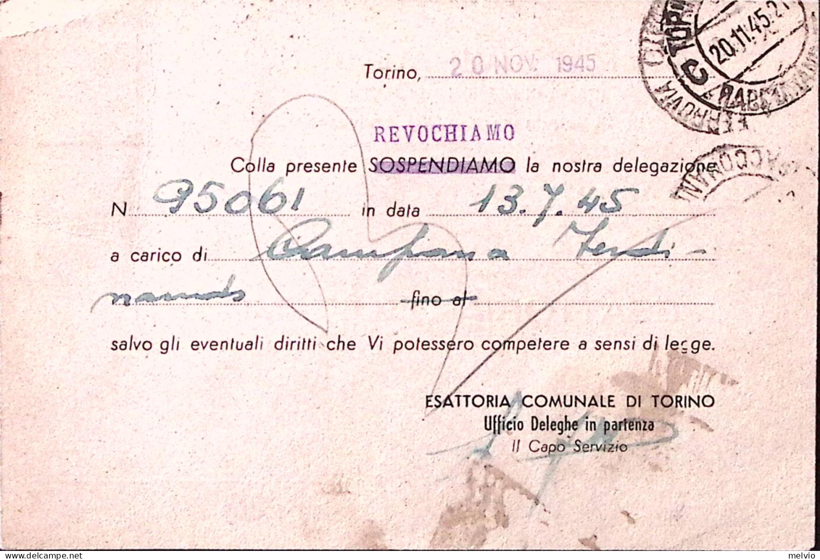 1945-Imperiale Senza Fasci C.20 + Lire 1 E 5 Su Cartolina Raccomandata Torino (2 - Marcophilie