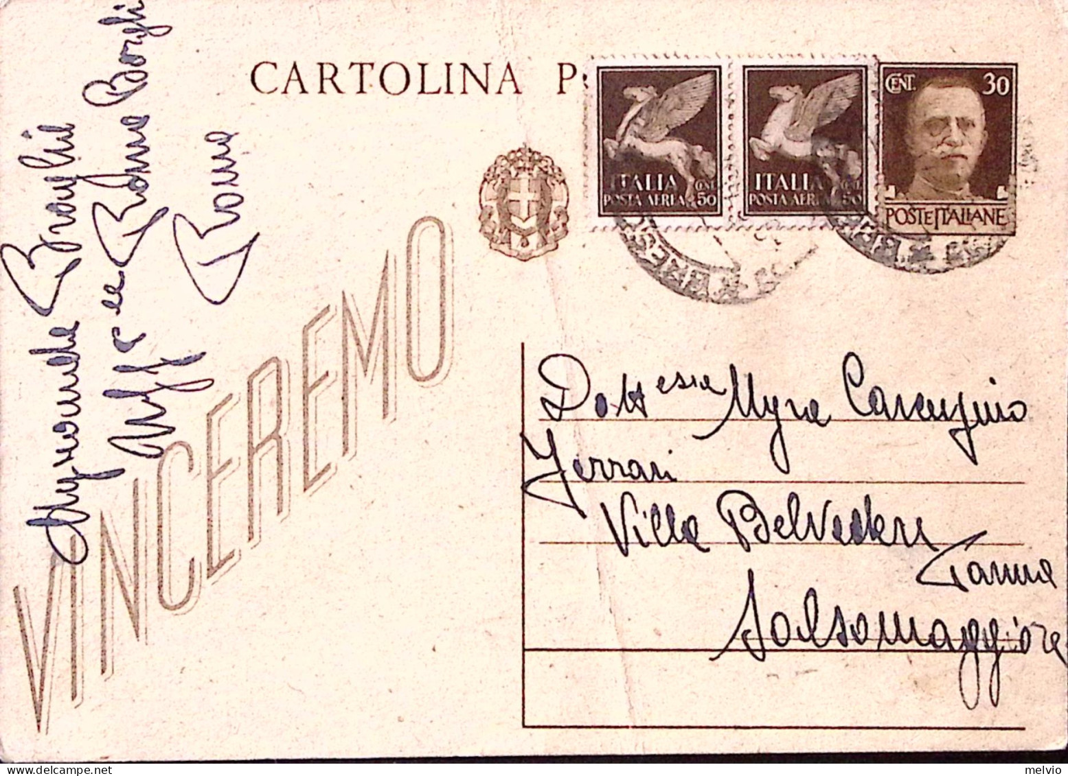 1945-Posta Aerea Coppia C.50 (11) Su Cartolina Postale C.30 Vinceremo (C98) Pieg - Marcophilie