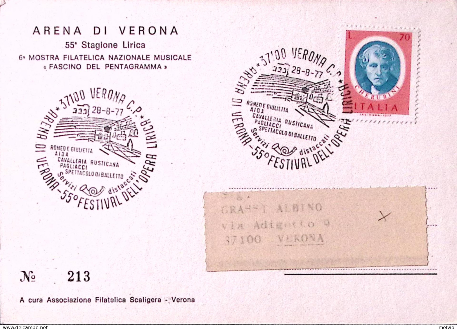 1977-VERONA 55 Festival Opera Lirica (28.8) Annullo Speciale Su Cartolina Viaggi - Musik