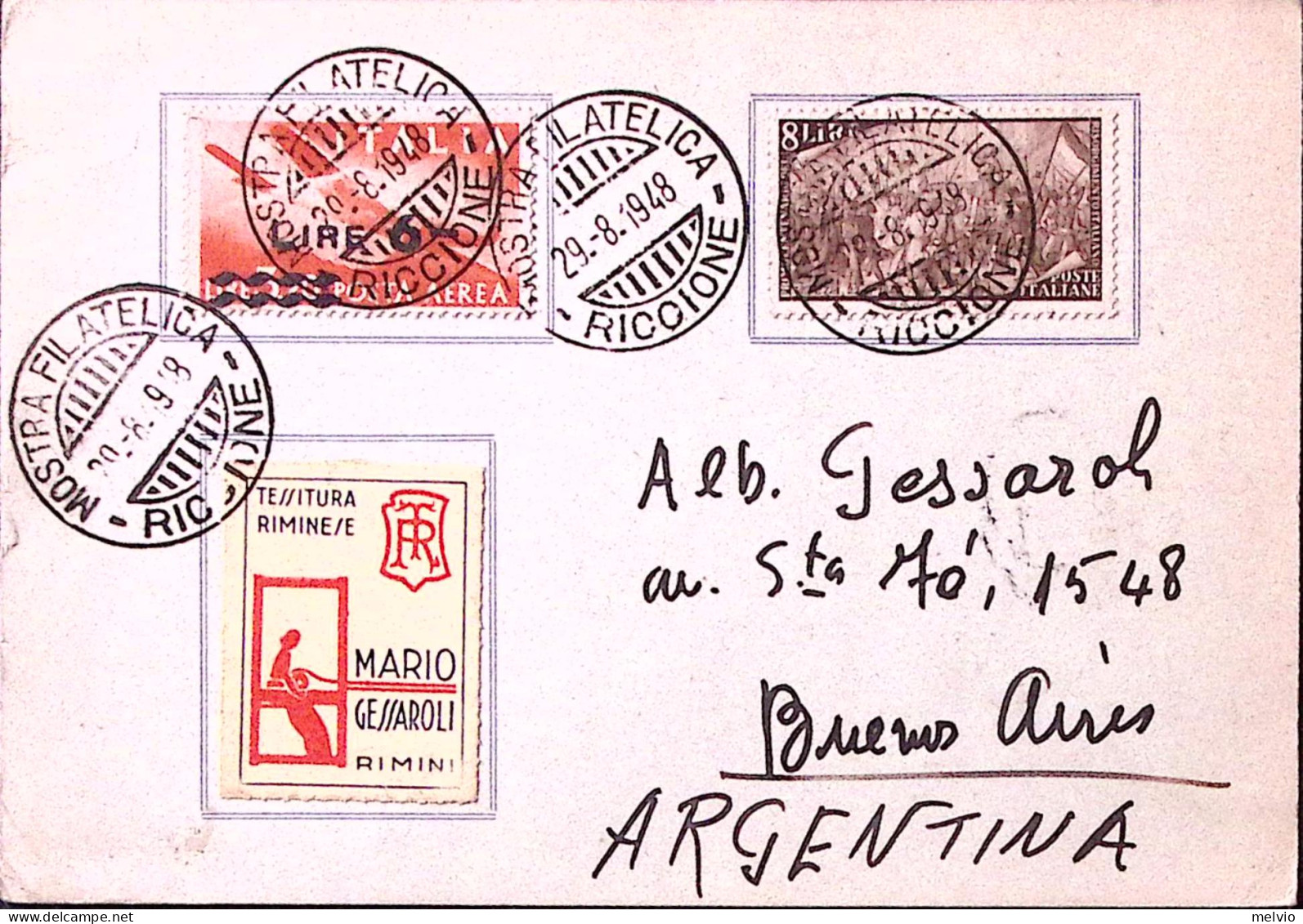 1948-RICCIONE Mostra Filatelica (29.8) Su Stampe Per Argentina - Expositions