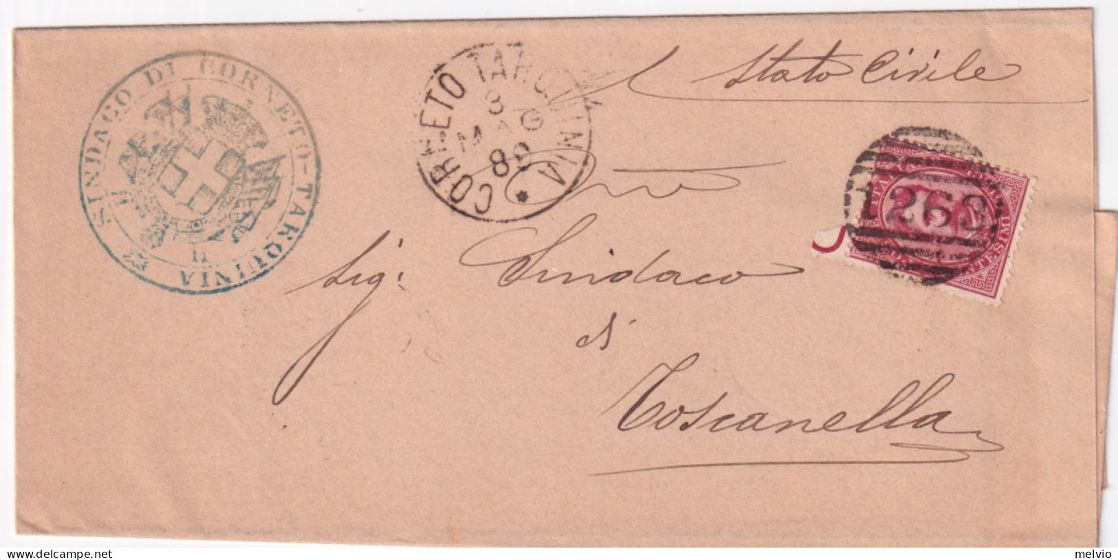 1889-CORNETO TARQUINIA C1+sbarre (3.5) Su Soprascritta Affrancata C.10 - Storia Postale
