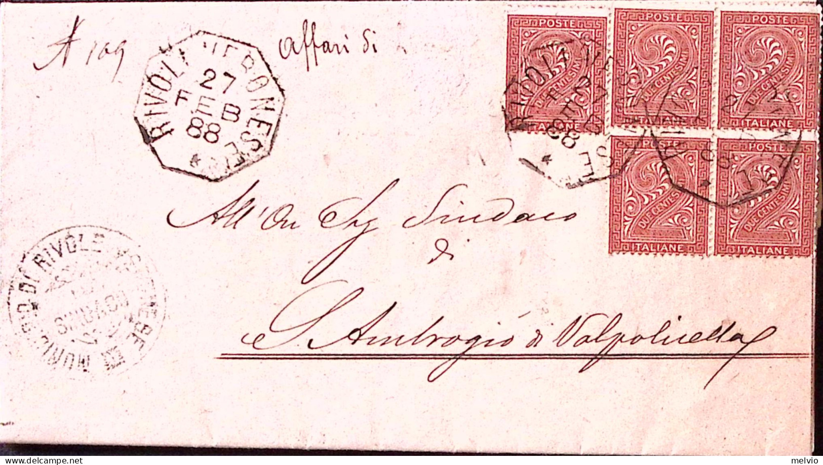 1888-CIFRA Singolo E Blocco Quattro C.2 (15) Su Piego Rivoli Veronese Ottagonale - Poststempel