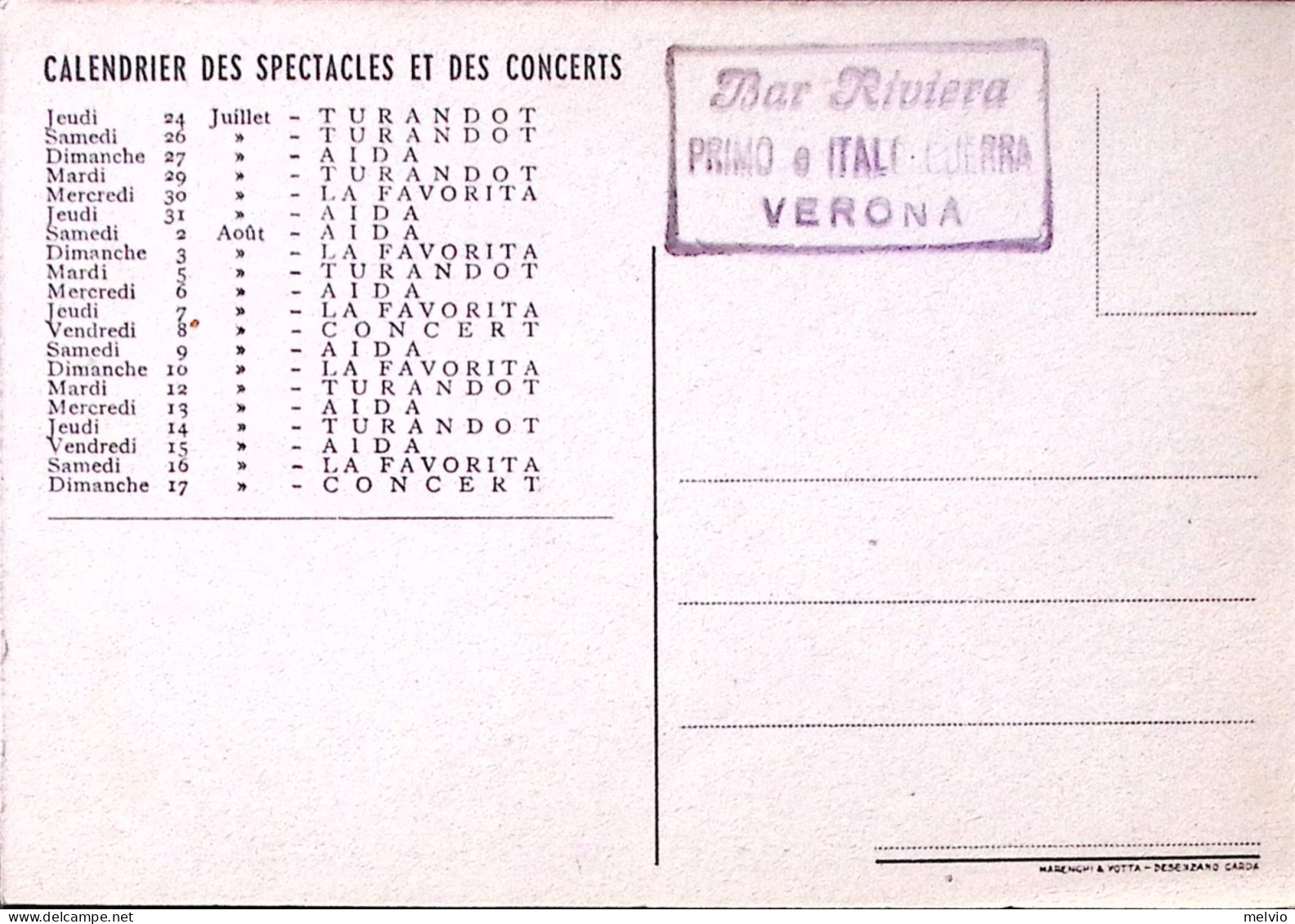 1958-VERONA 36 Stagione Lirica Con Calendario Degli Spettacoli In Lingua Frances - Musique