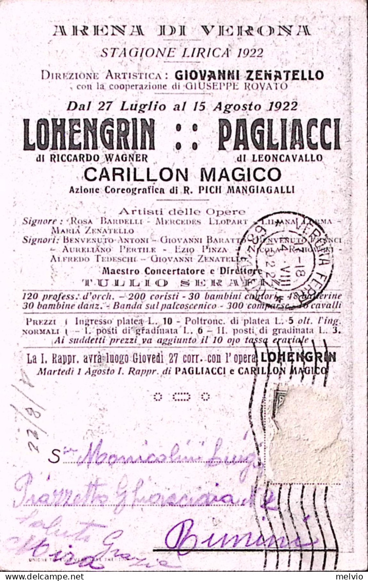 1922-VERONA STAGIONE LIRICA Lohengrin Atto II^viaggiata Verona (14.8) Francoboll - Musique