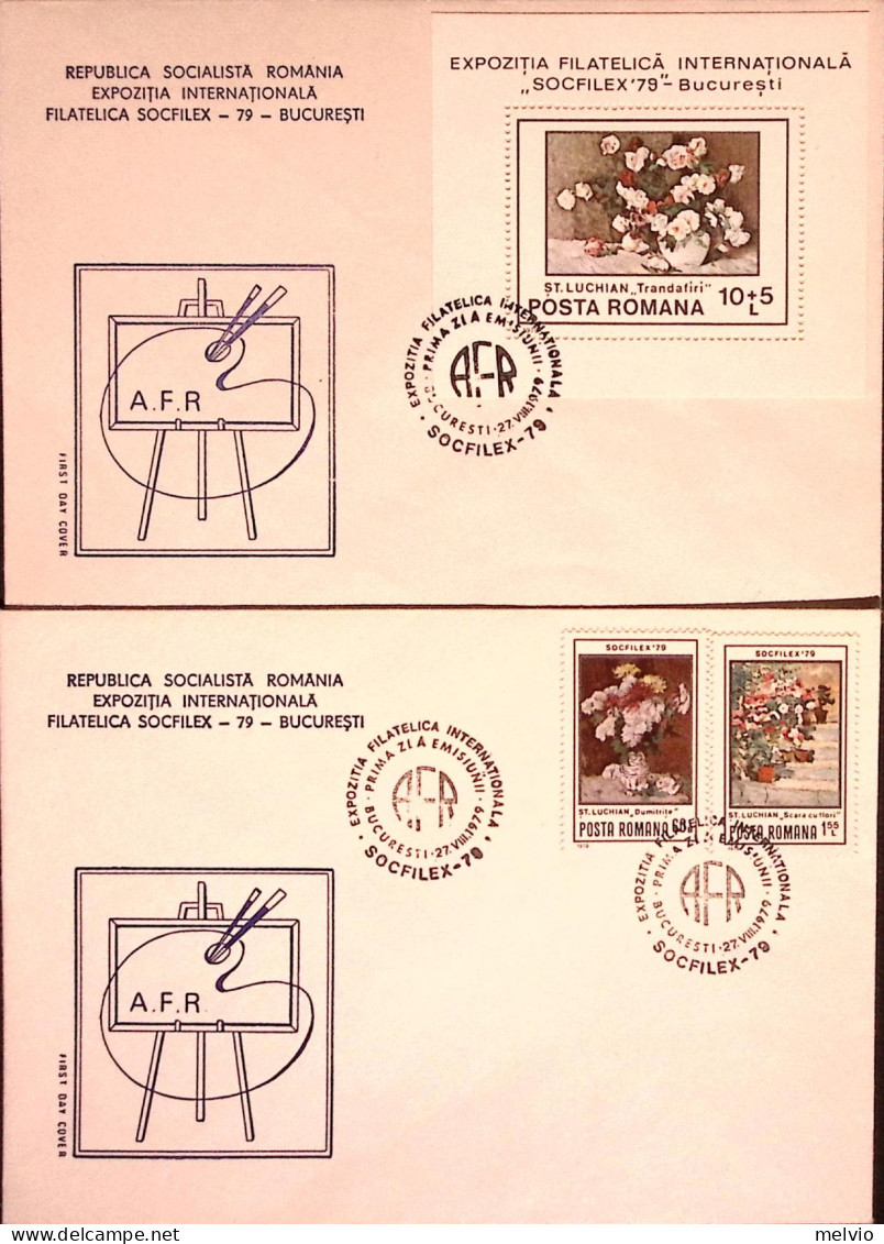 1979-Romania Esposizione Filatelica SOCFILEX Serie Cpl. (3187/0+Fg.136) Su 3 Fdc - FDC