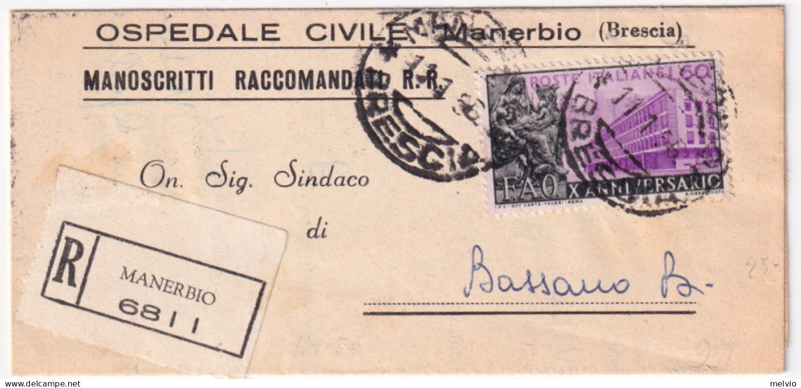 1956-FAO Lire 60 (787) Su Piego Raccomandato Manerbio (11.1) - 1946-60: Marcophilia