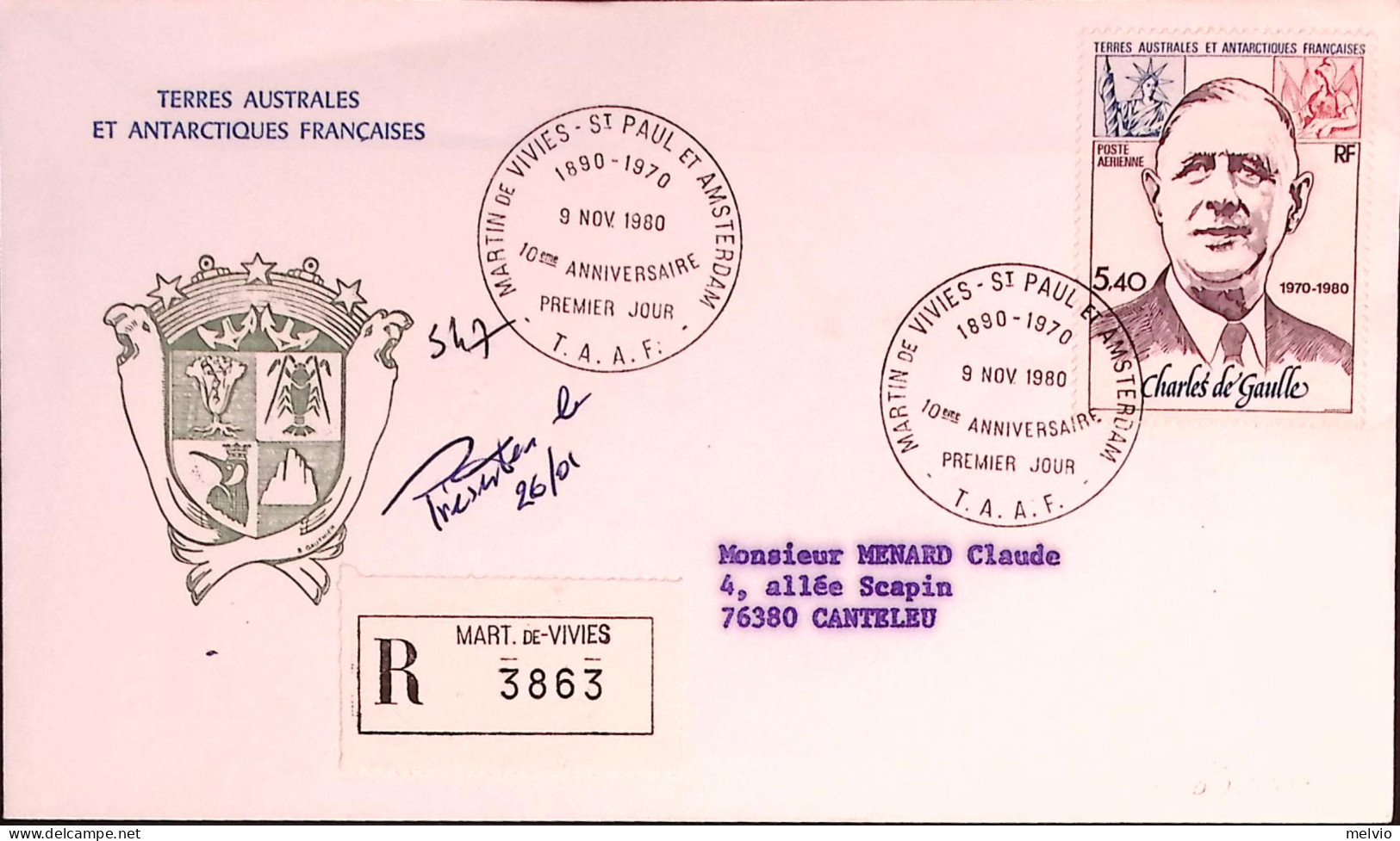 1980-T.A.A.F. Posta Aerea 10 Anniversario Morte De Gaulle F.5,40 Su Fdc Raccoman - Sonstige & Ohne Zuordnung