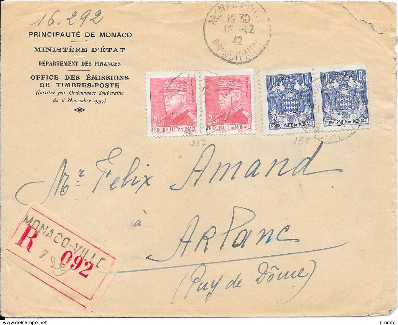 Principauté De Monaco Recommandé  Sur Lettre 1942 - Covers & Documents