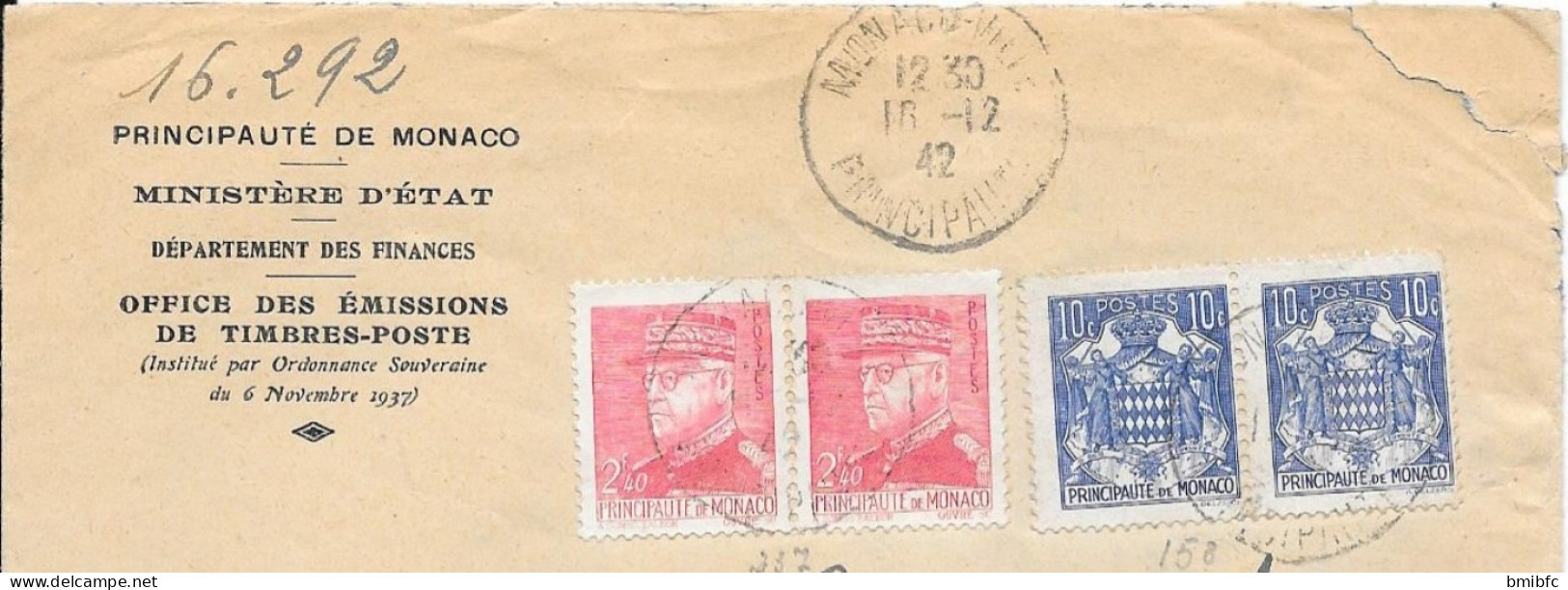 Principauté De Monaco Recommandé  Sur Lettre 1942 - Cartas & Documentos