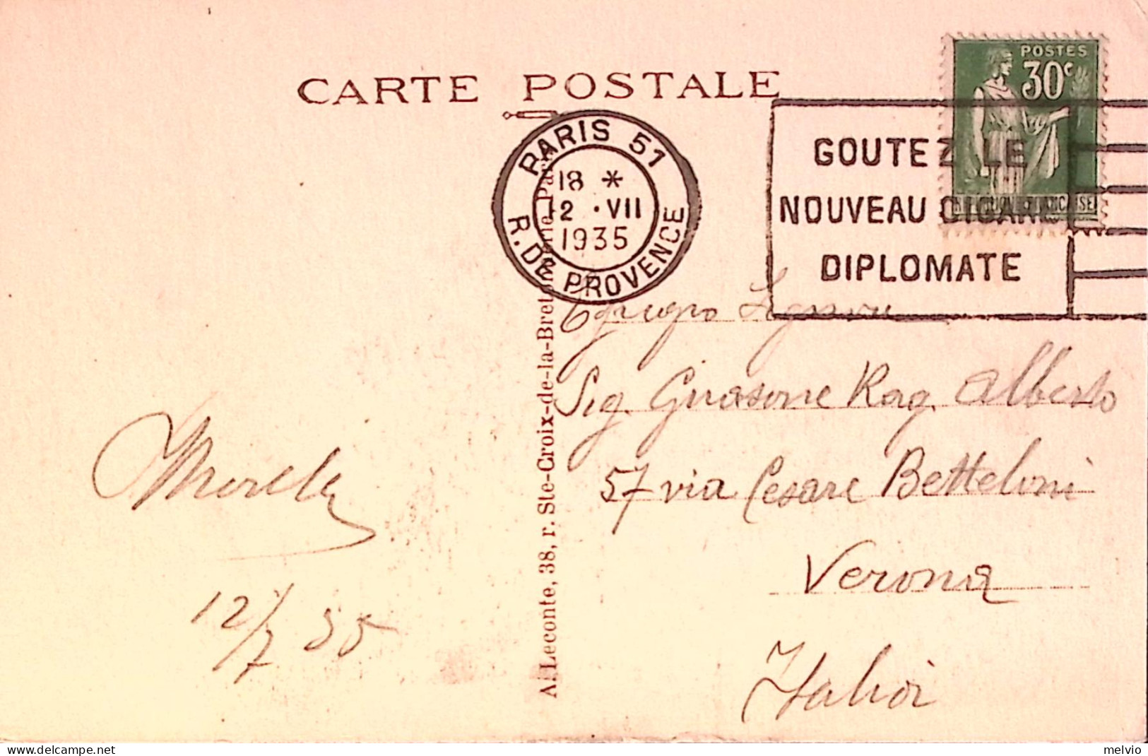 1935-Francia Parigi (12.7) + Gustate Nuovi Sigari "Diplomate" Annullo Meccanico  - Autres & Non Classés