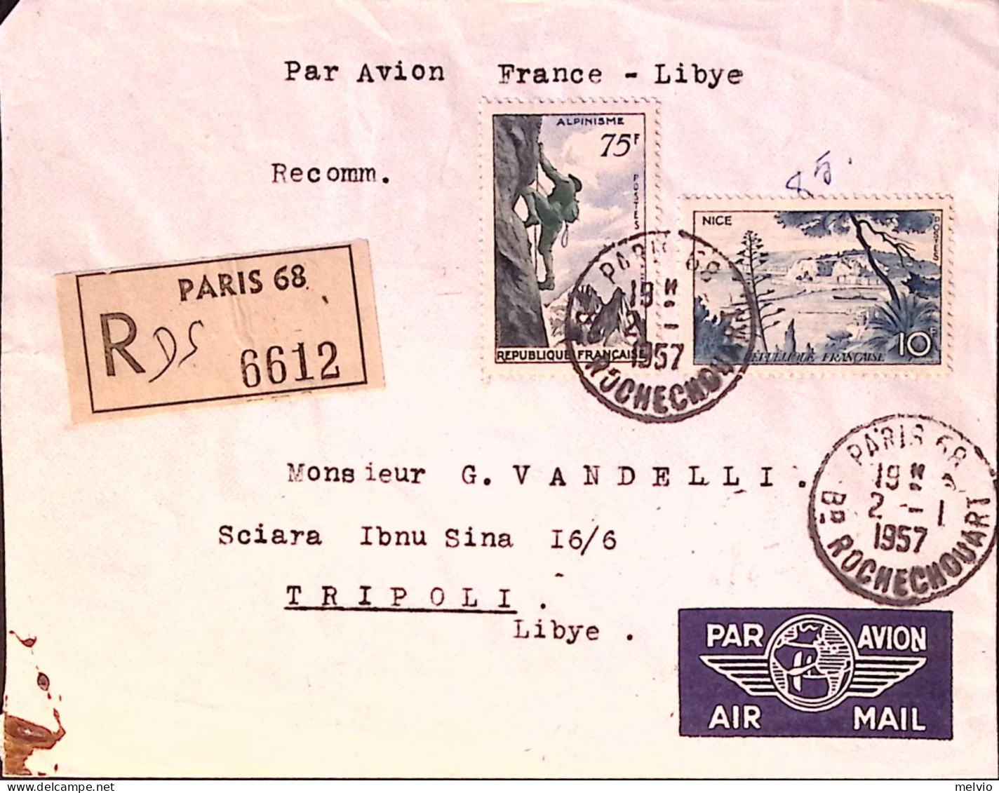 1957-Francia Alpinismo F.75 + Nizza F.10 Su Raccomandata Via Aerea Parigi (2.1)  - 1862 Napoléon III