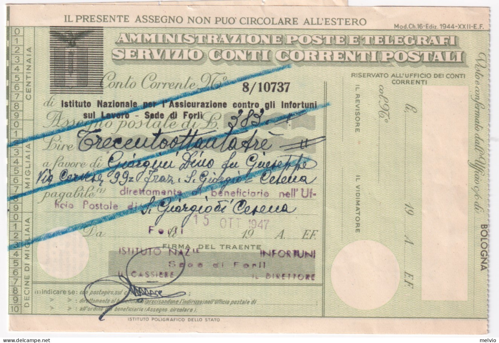 1947-ASSEGNO POSTALE RSI Con STEMMA Cancellato Compilato Forlì (15.10) Non Risco - Marcophilia