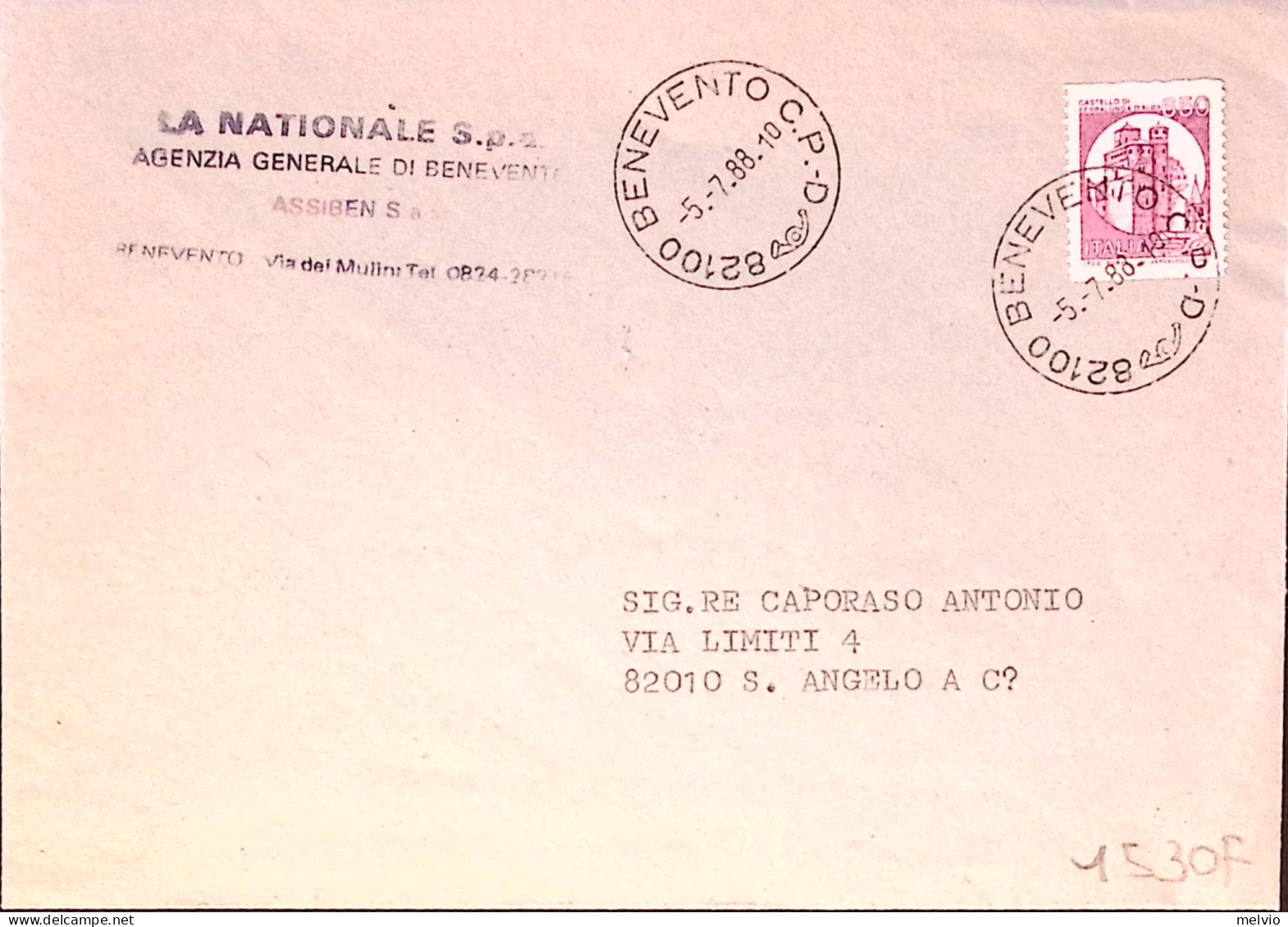 1988-CASTELLI Per Distributori Automatici Lire 650 Isolato Su Busta Benevento (5 - 1981-90: Marcophilia