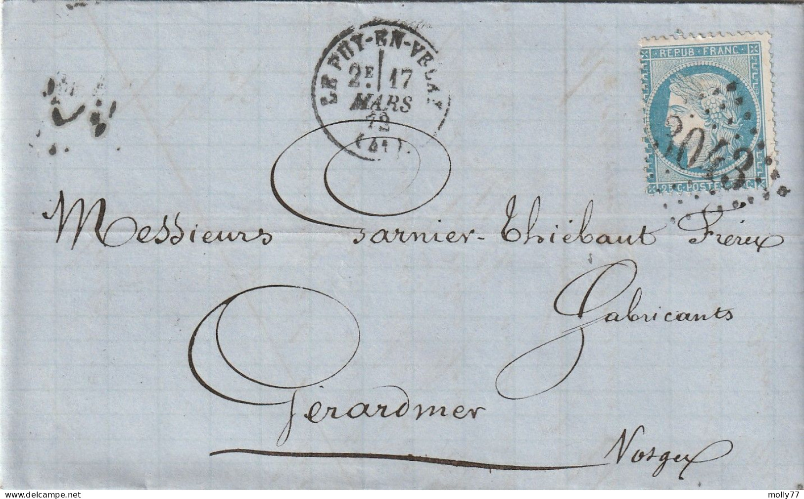 Lettre De Le Puy En Velay à Gérardmer LAC - 1849-1876: Période Classique