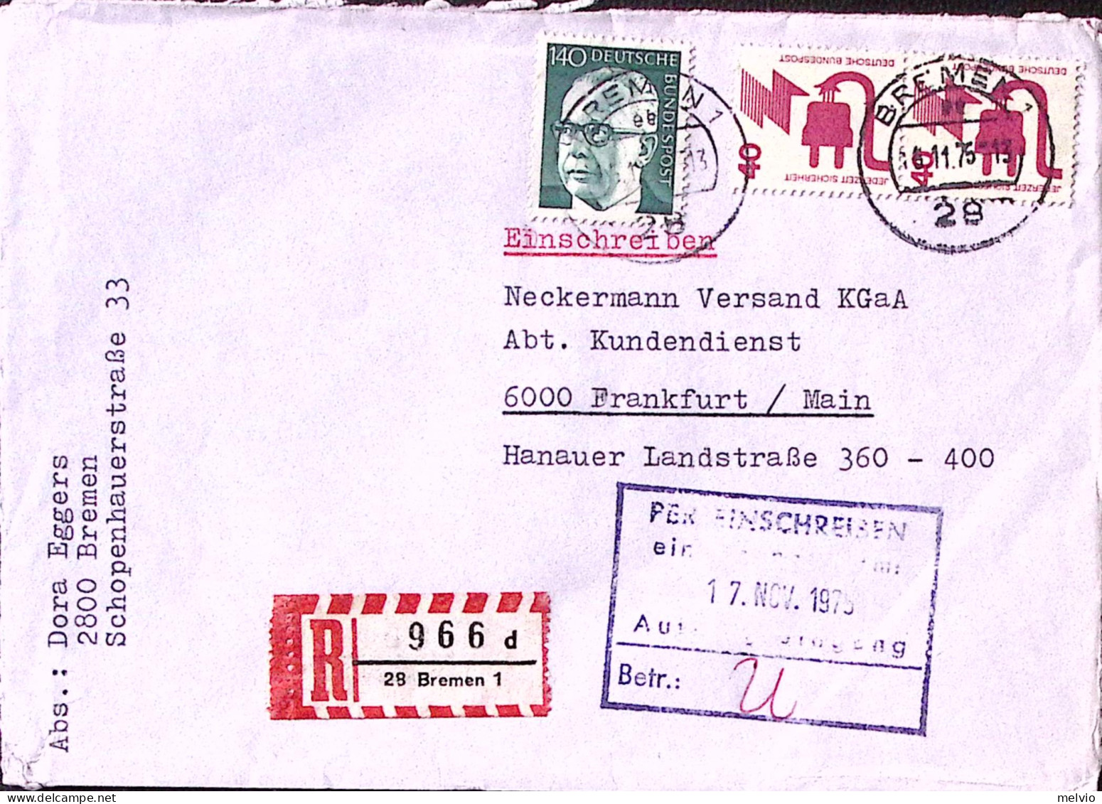 1975-GERMANIA Heinemann P.140 + Infortuni Coppia P.40 Su Raccomandata - Covers & Documents