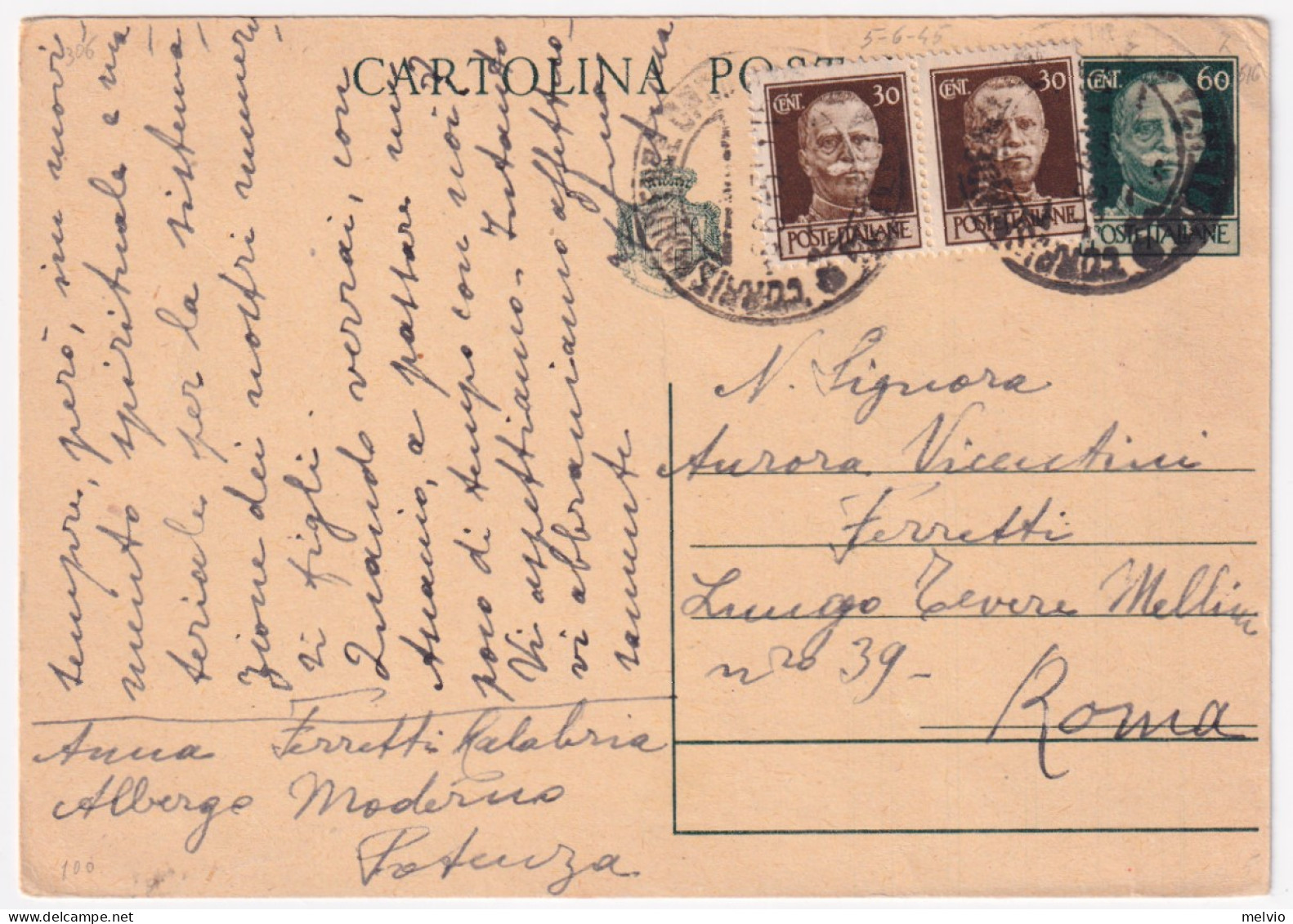 1945-Imperiale Senza Fasci Coppia C.30 (516) Su Cartolina Postale C.60 (112) - Marcophilie
