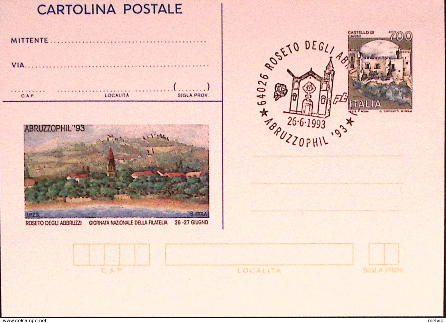 1993-ABRUZZOPHIL Cartolina Postale IPZS Lire 700 Con Ann.spec.(26.6) - Postwaardestukken